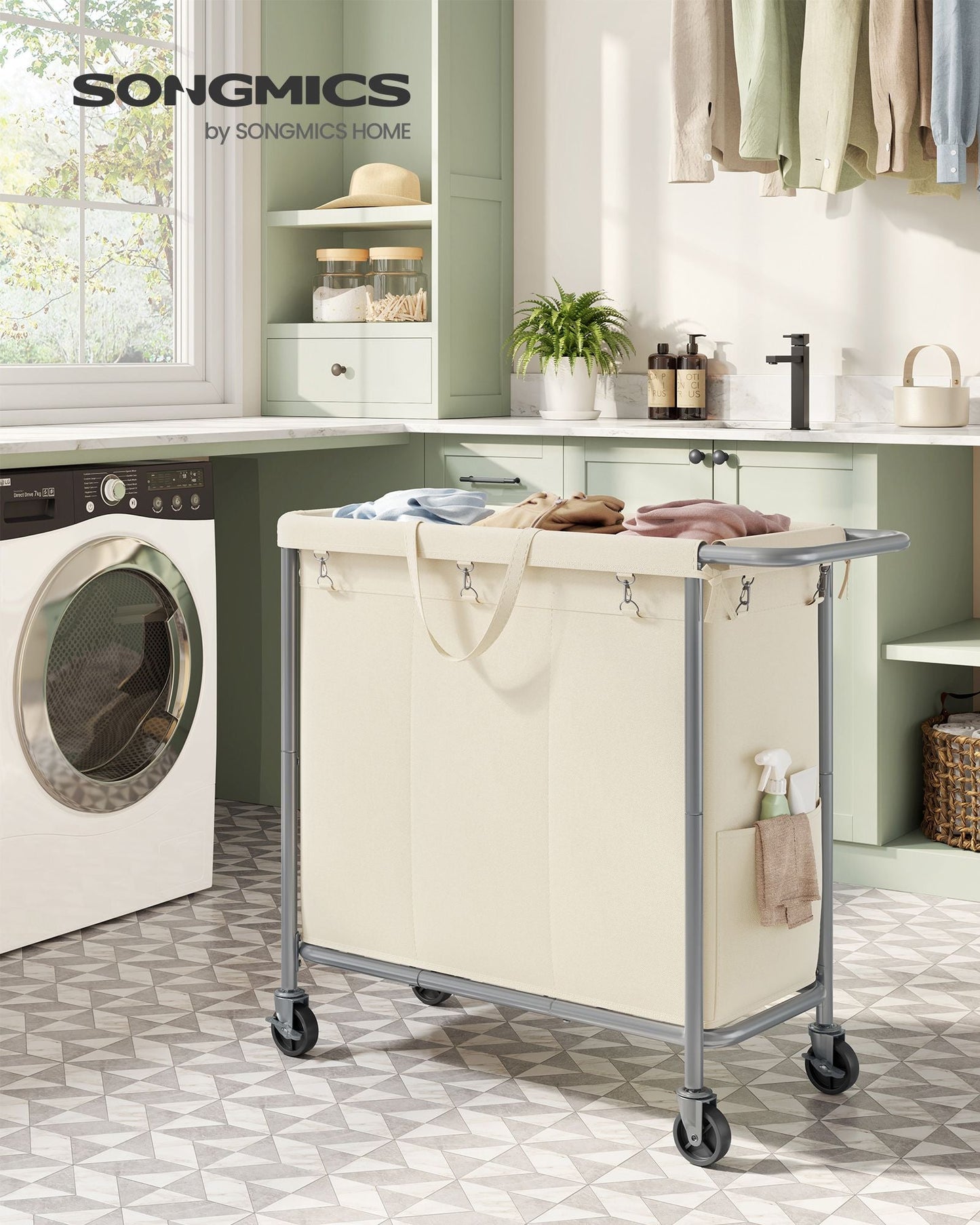 3-Section Laundry Basket with Wheels, 52.8 Gallons (200L)