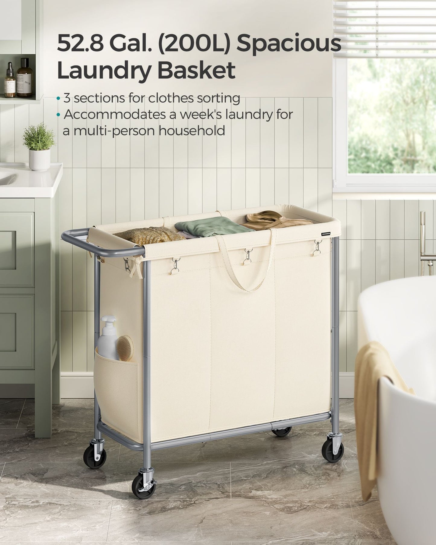 3-Section Laundry Basket with Wheels, 52.8 Gallons (200L)