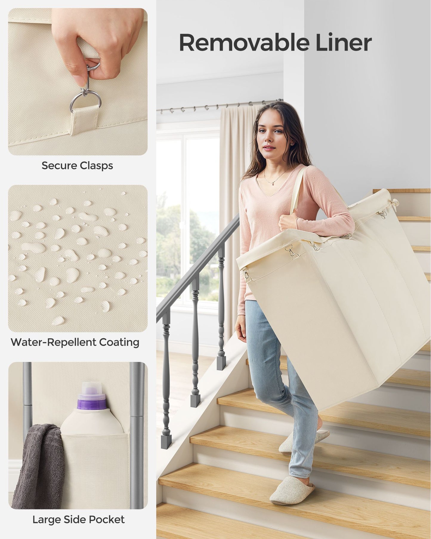 3-Section Laundry Basket with Wheels, 52.8 Gallons (200L)