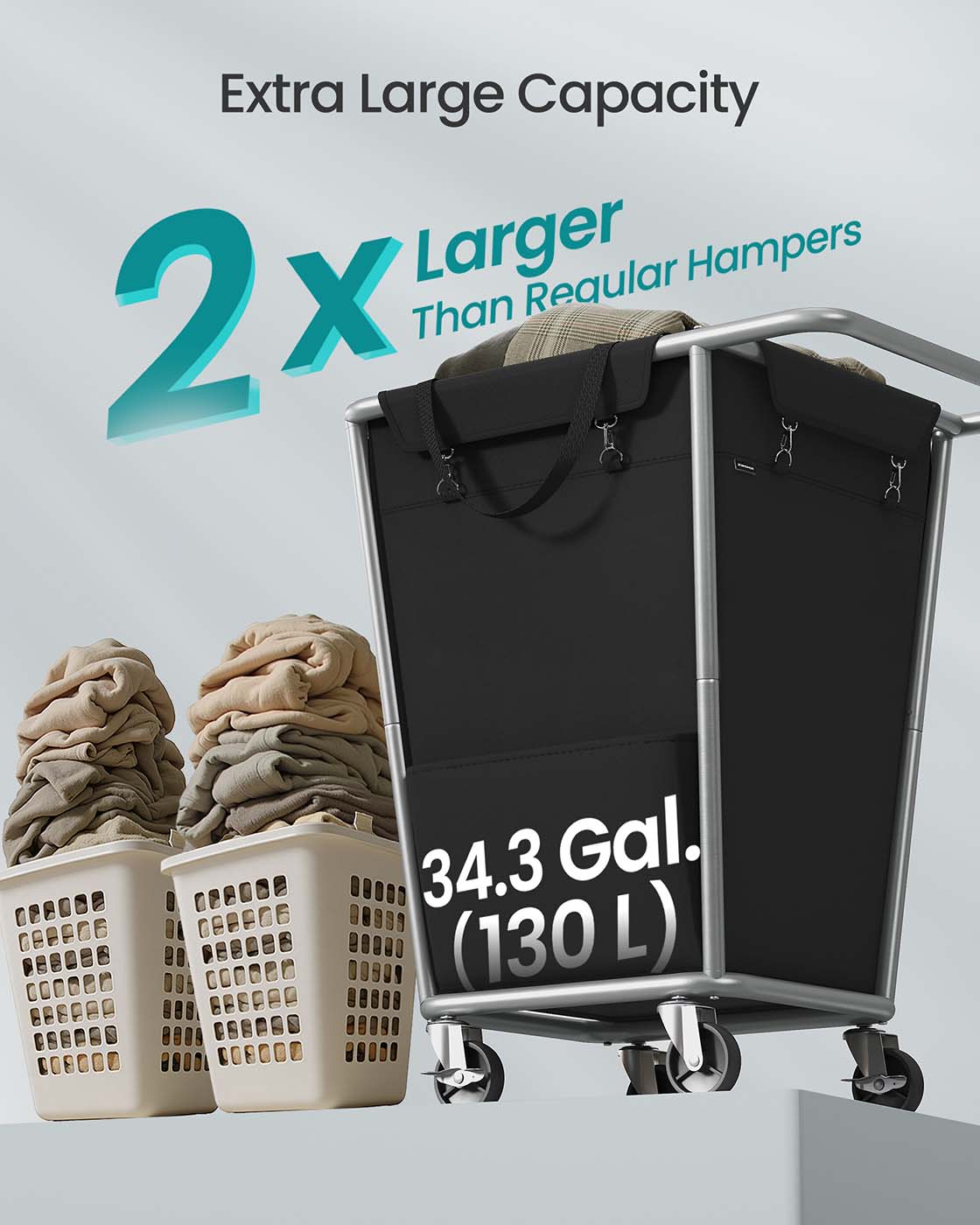 Laundry Basket with Wheels, 34.3 Gallons (130 L), Ink Black