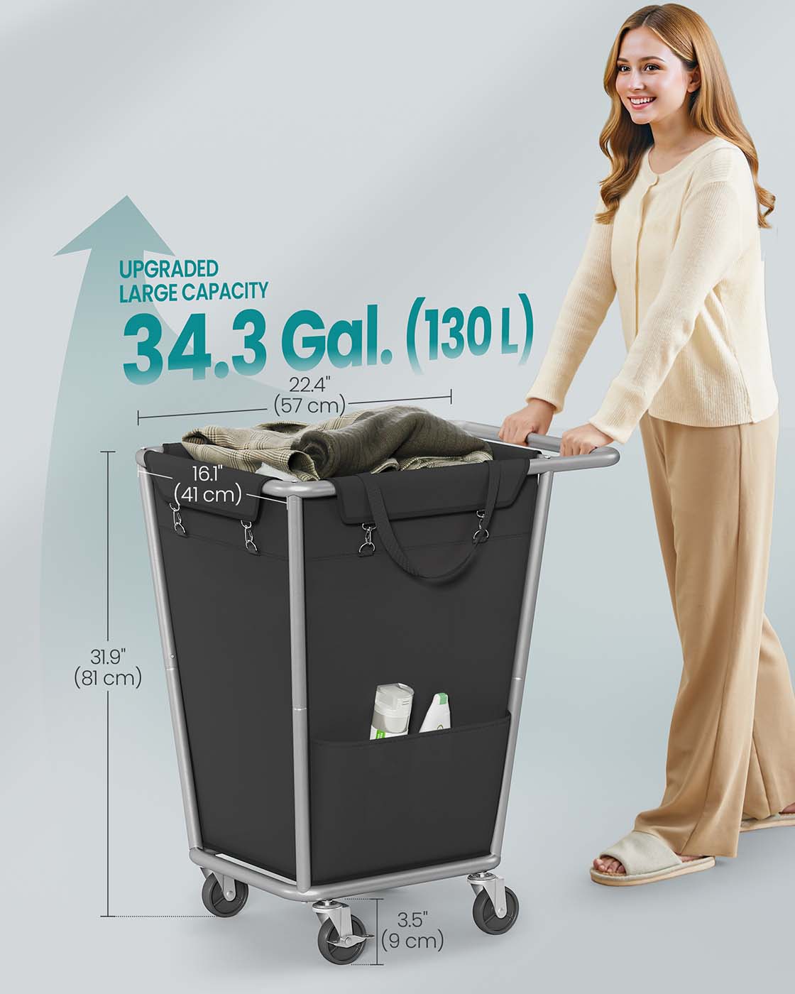 Laundry Basket with Wheels, 34.3 Gallons (130 L), Ink Black