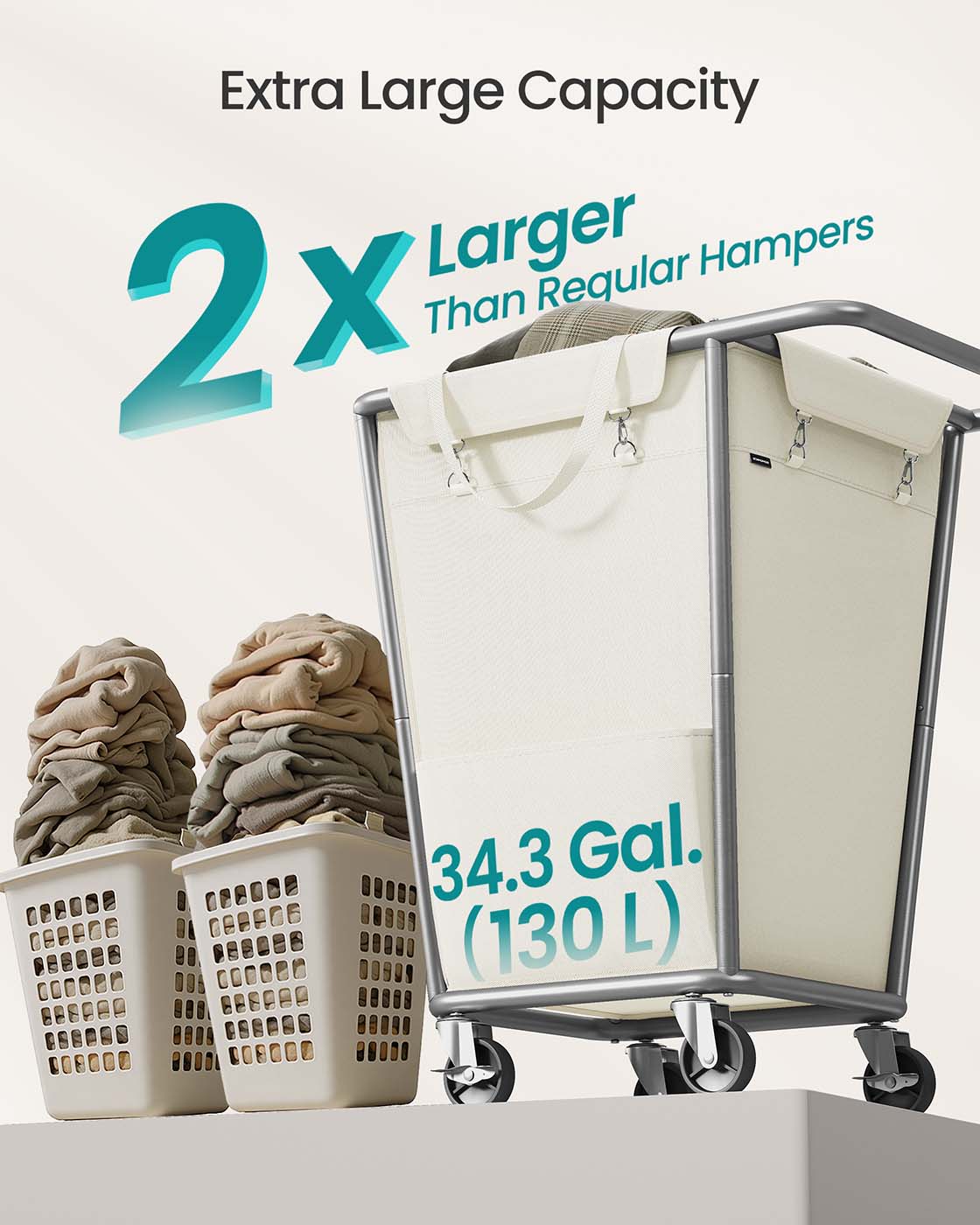 Laundry Basket with Wheels, 34.3 Gallons (130 L), Cream White