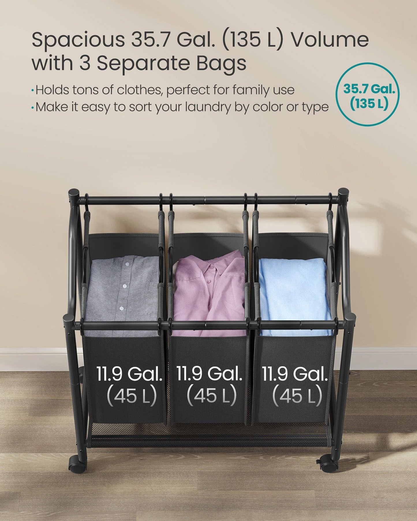Rolling Laundry Basket with 3 Removable Bags