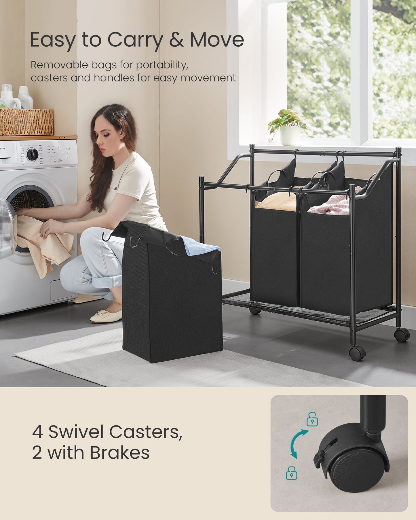 Rolling Laundry Basket with 3 Removable Bags