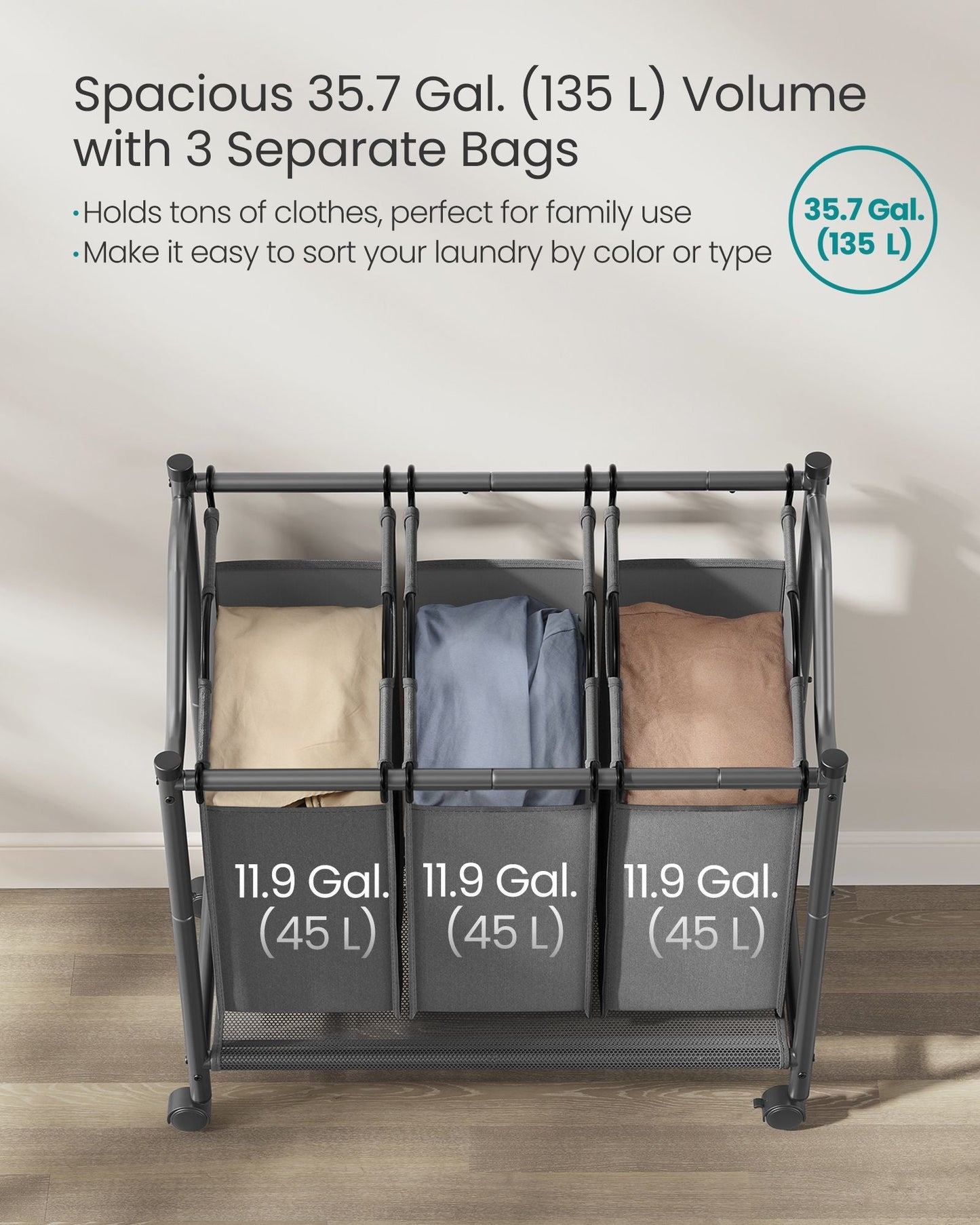 Rolling Laundry Basket with 3 Removable Bags