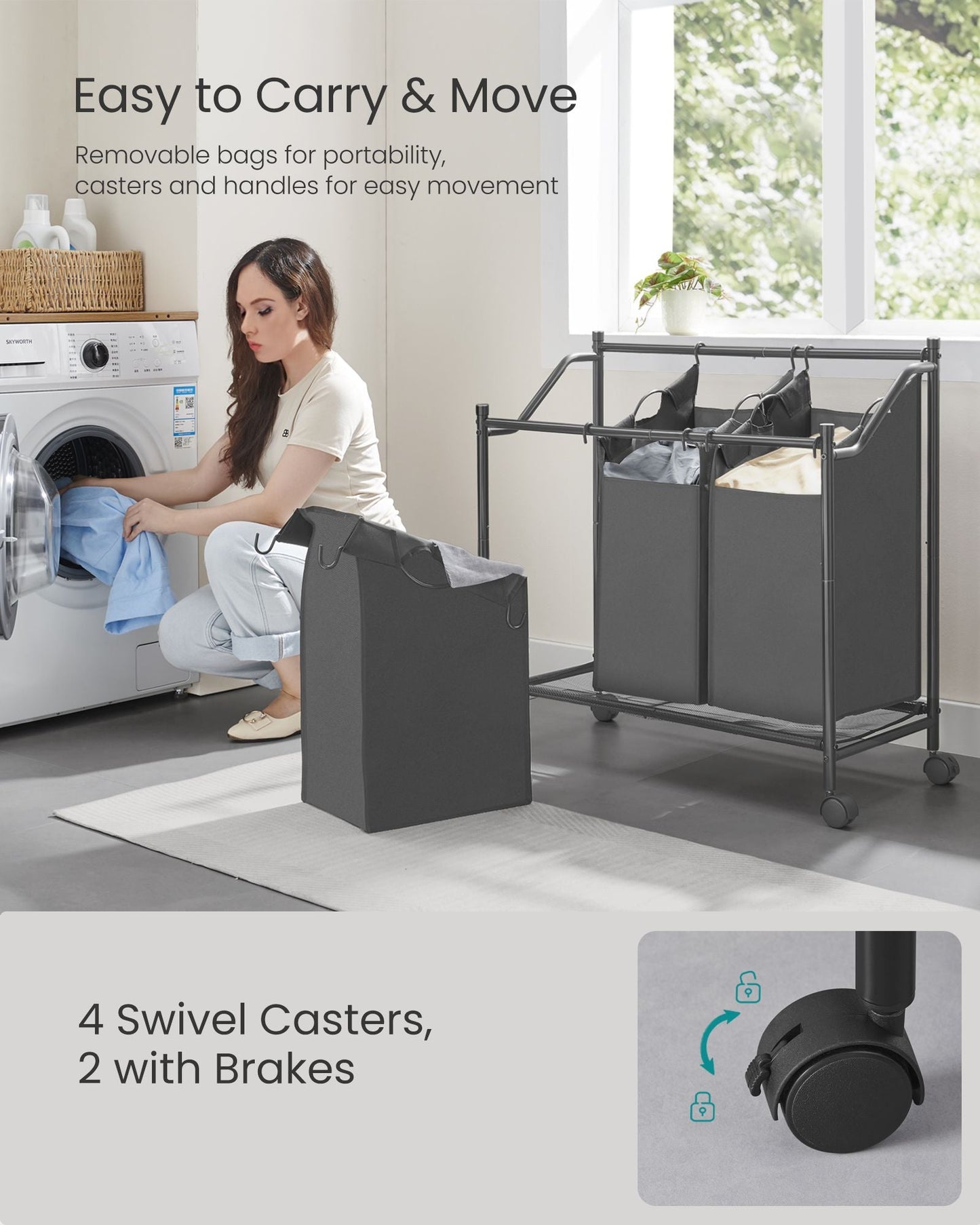 Rolling Laundry Basket with 3 Removable Bags