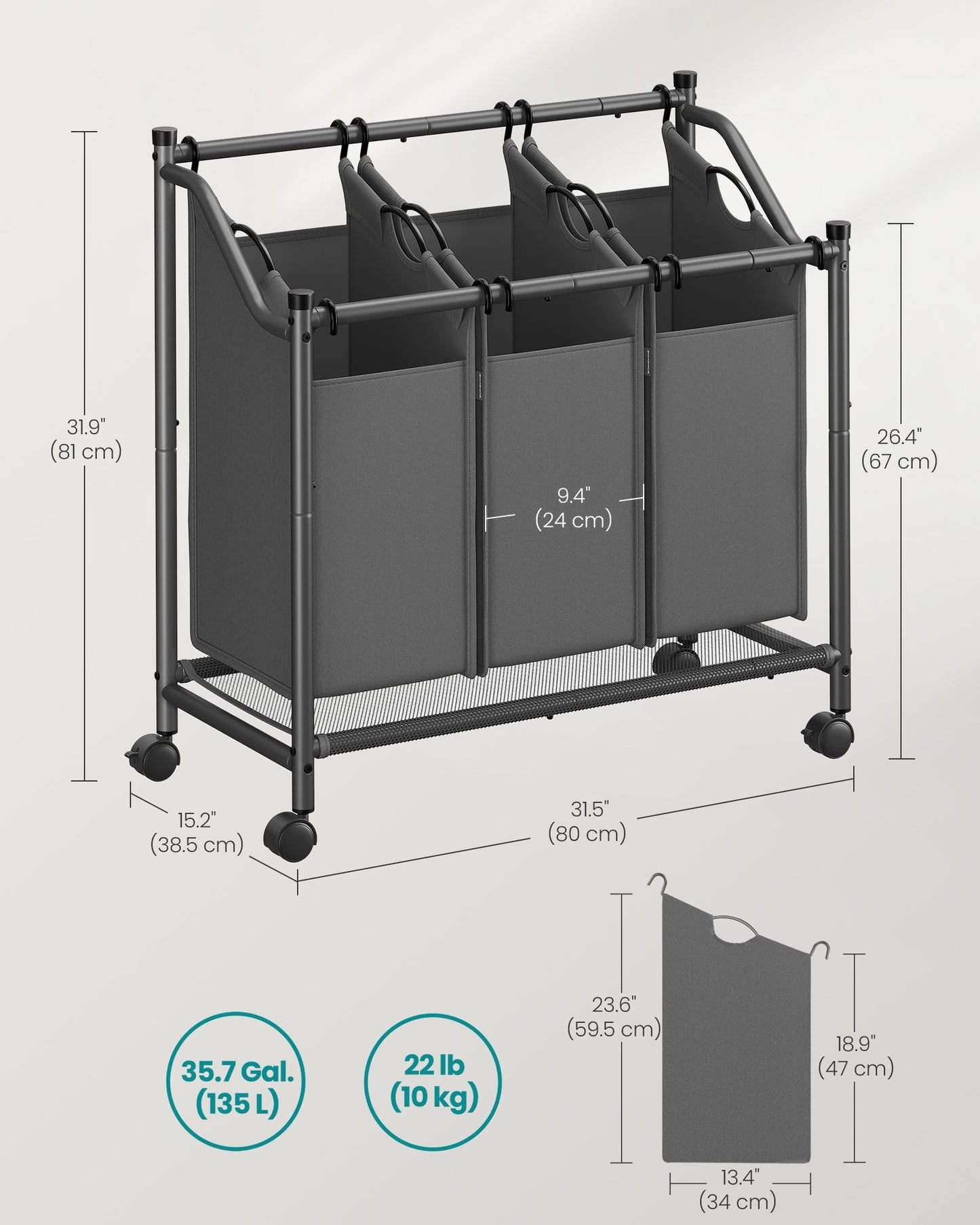 Rolling Laundry Basket with 3 Removable Bags