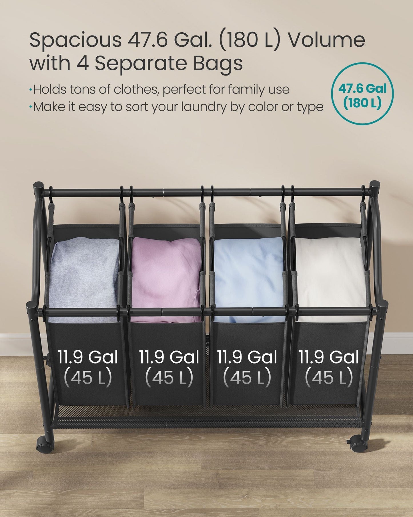 Rolling Laundry Basket with 4 Removable Bags