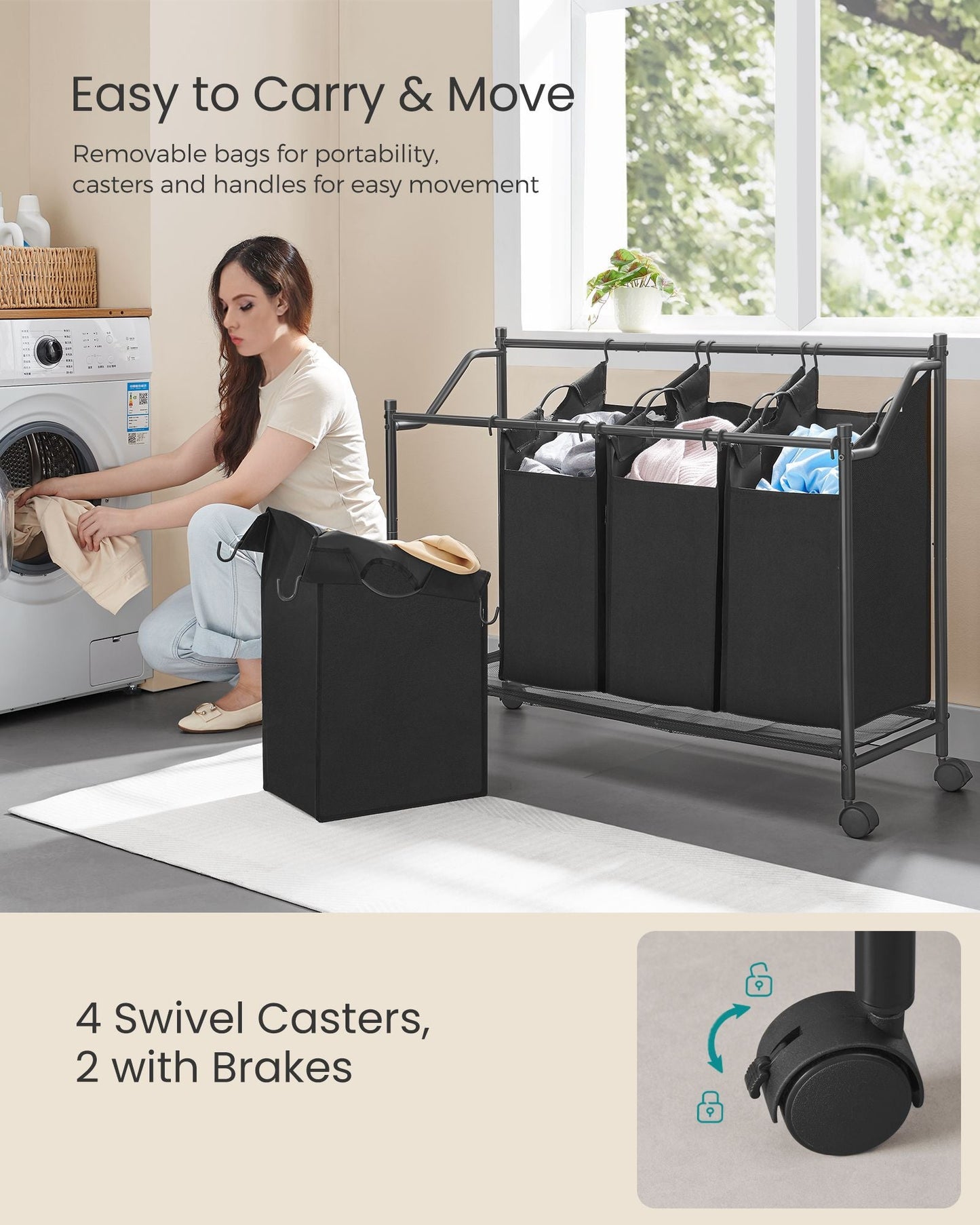 Rolling Laundry Basket with 4 Removable Bags