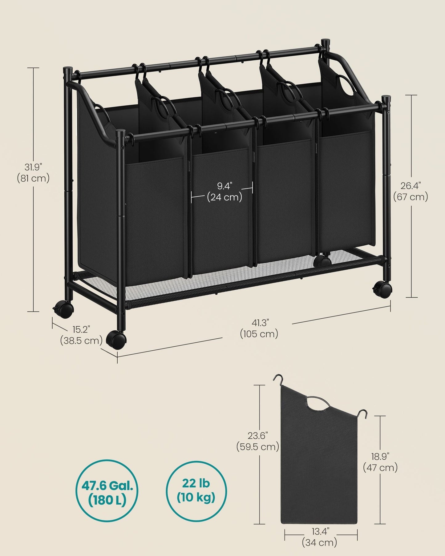 Rolling Laundry Basket with 4 Removable Bags
