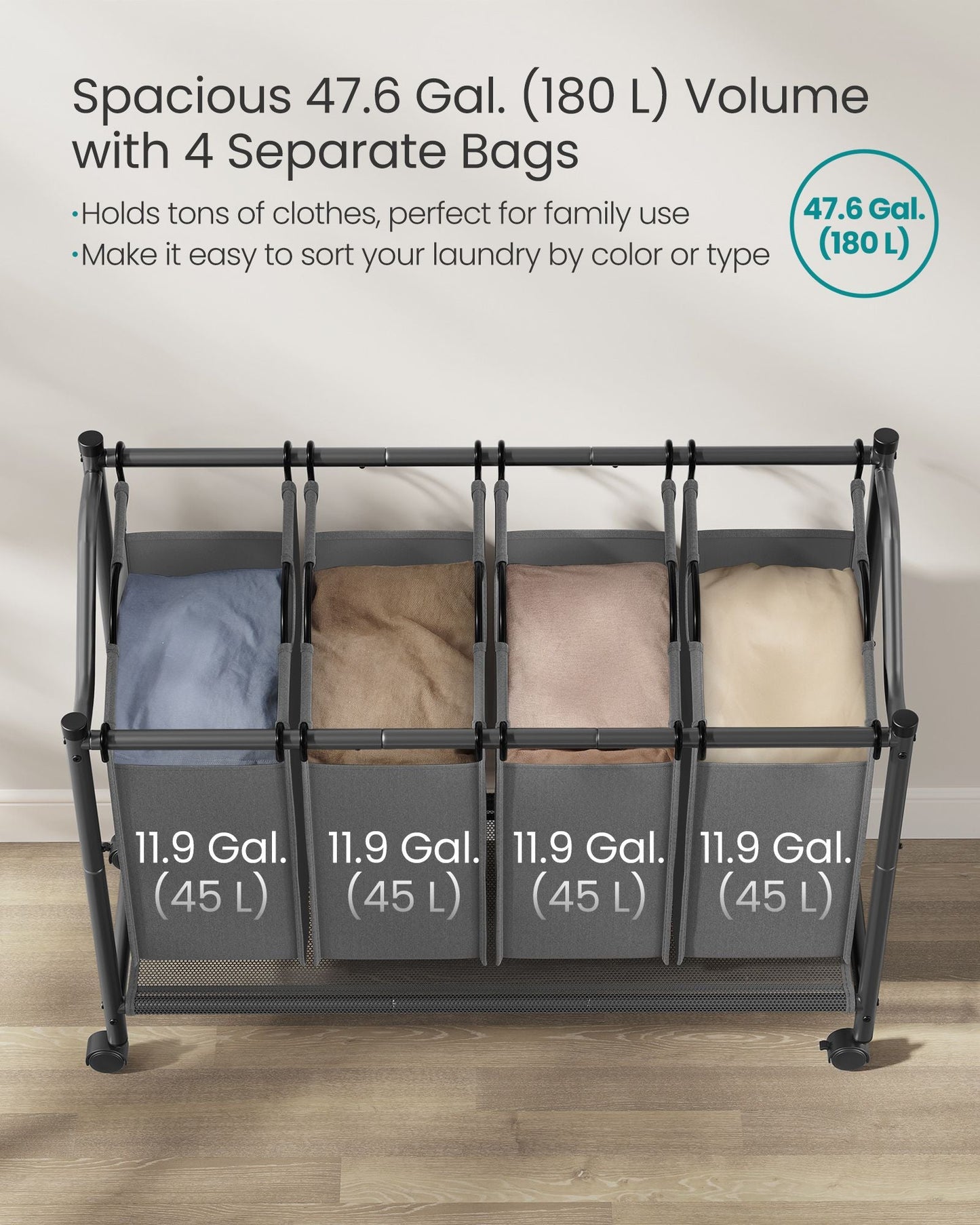 Rolling Laundry Basket with 4 Removable Bags