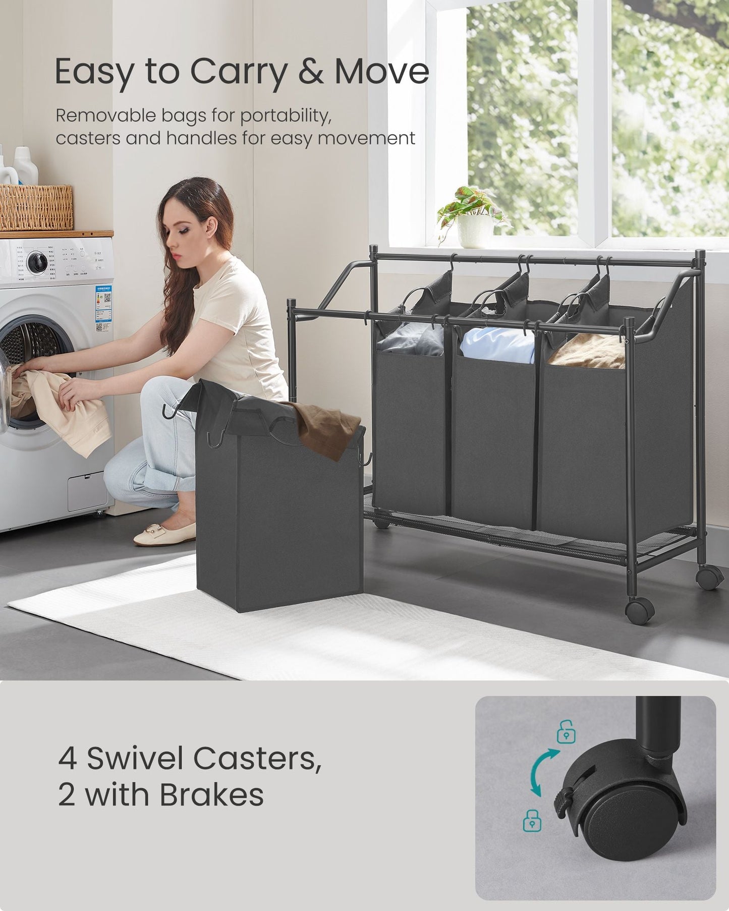 Rolling Laundry Basket with 4 Removable Bags