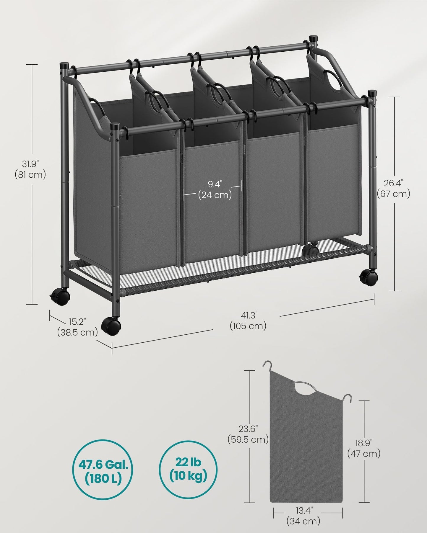 Rolling Laundry Basket with 4 Removable Bags