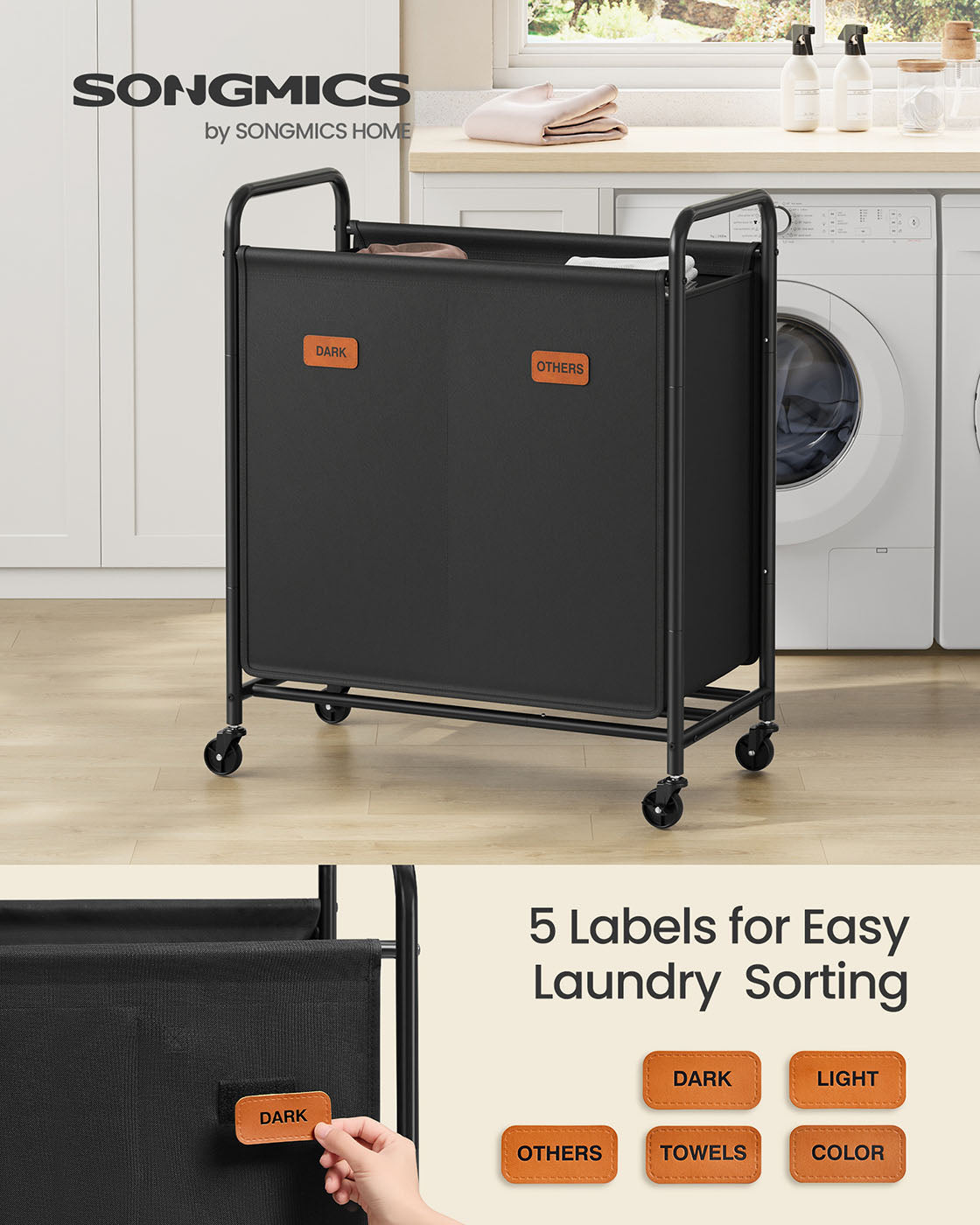 Laundry Hamper with Wheels 2-Section 37 Gal. Ink Black