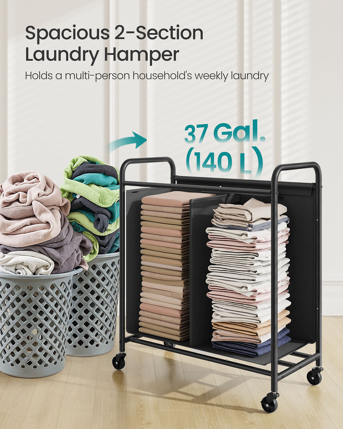 Laundry Hamper with Wheels 2-Section 37 Gal. Ink Black