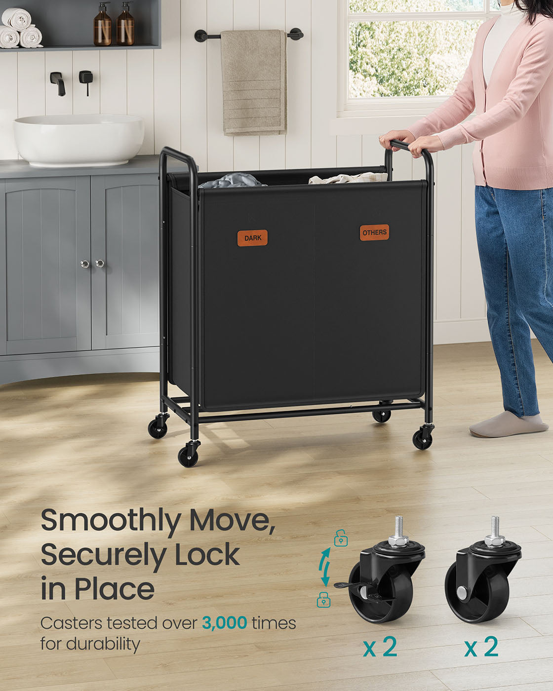 Laundry Hamper with Wheels 2-Section 37 Gal. Ink Black