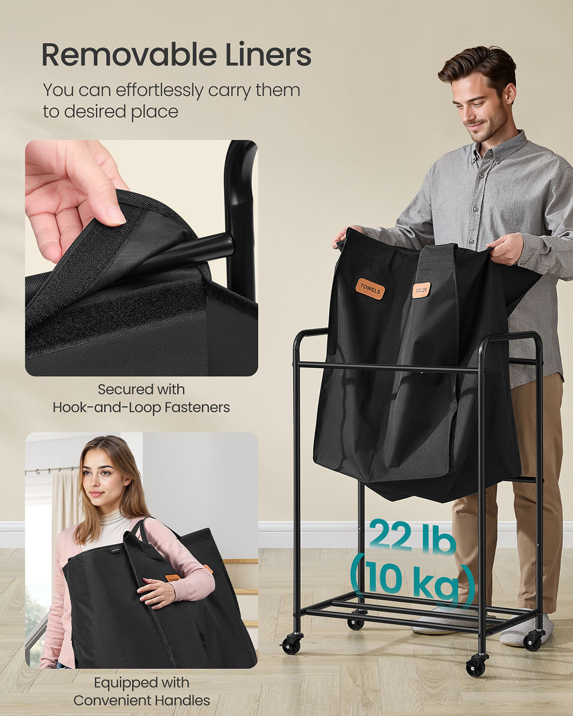 Laundry Hamper with Wheels 2-Section 37 Gal. Ink Black