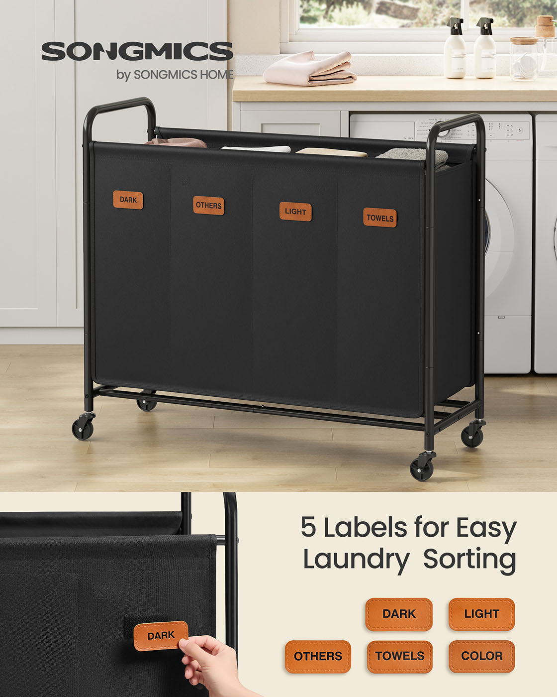 Laundry Hamper with Wheels 4-Section 52.8 Gal. Ink Black