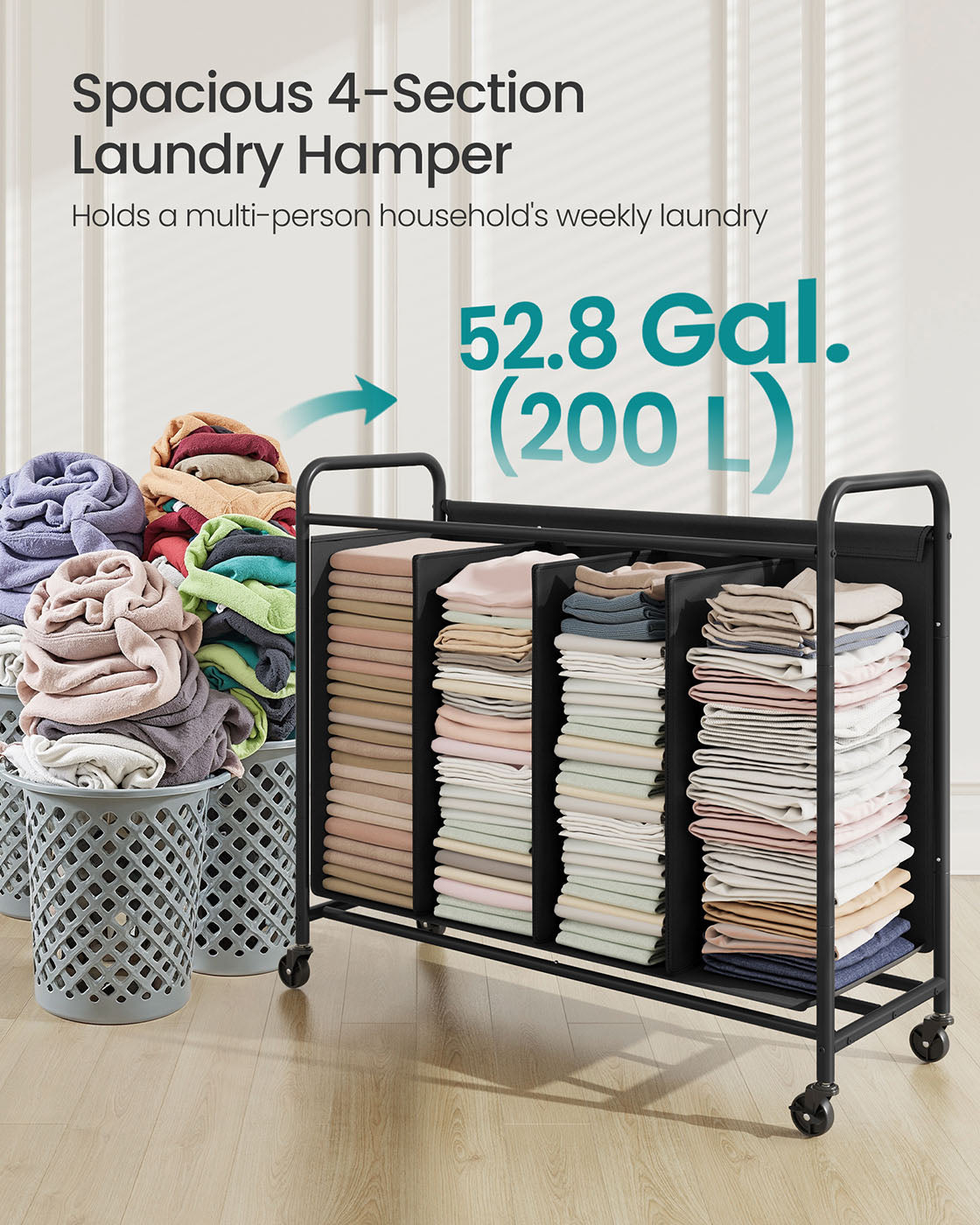 Laundry Hamper with Wheels 4-Section 52.8 Gal. Ink Black