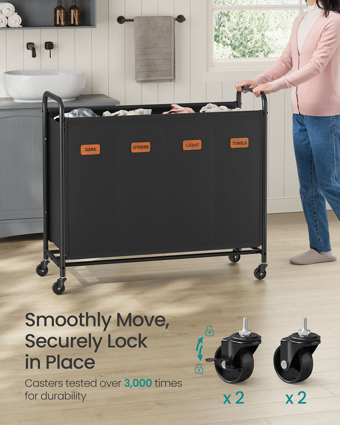 Laundry Hamper with Wheels 4-Section 52.8 Gal. Ink Black