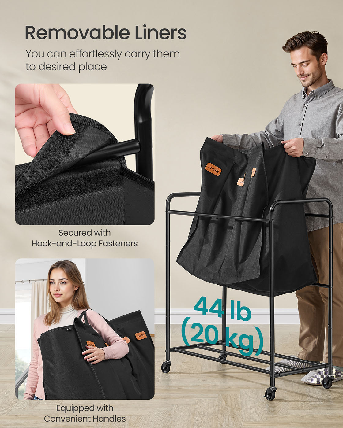 Laundry Hamper with Wheels 4-Section 52.8 Gal. Ink Black