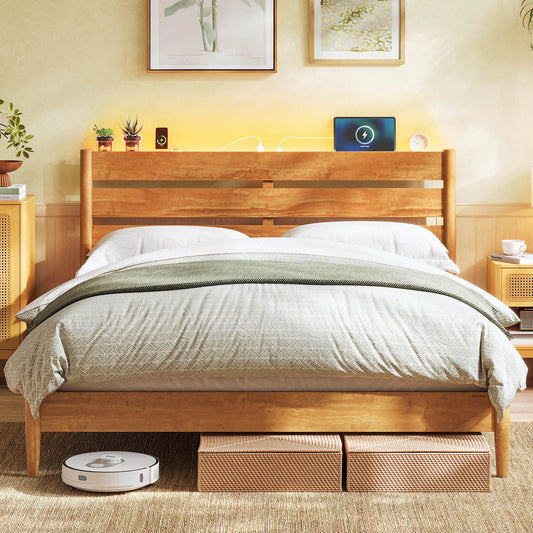 Queen Bed Frame with Headboard, LED Lights, Charging, Storage, Caramel Brown