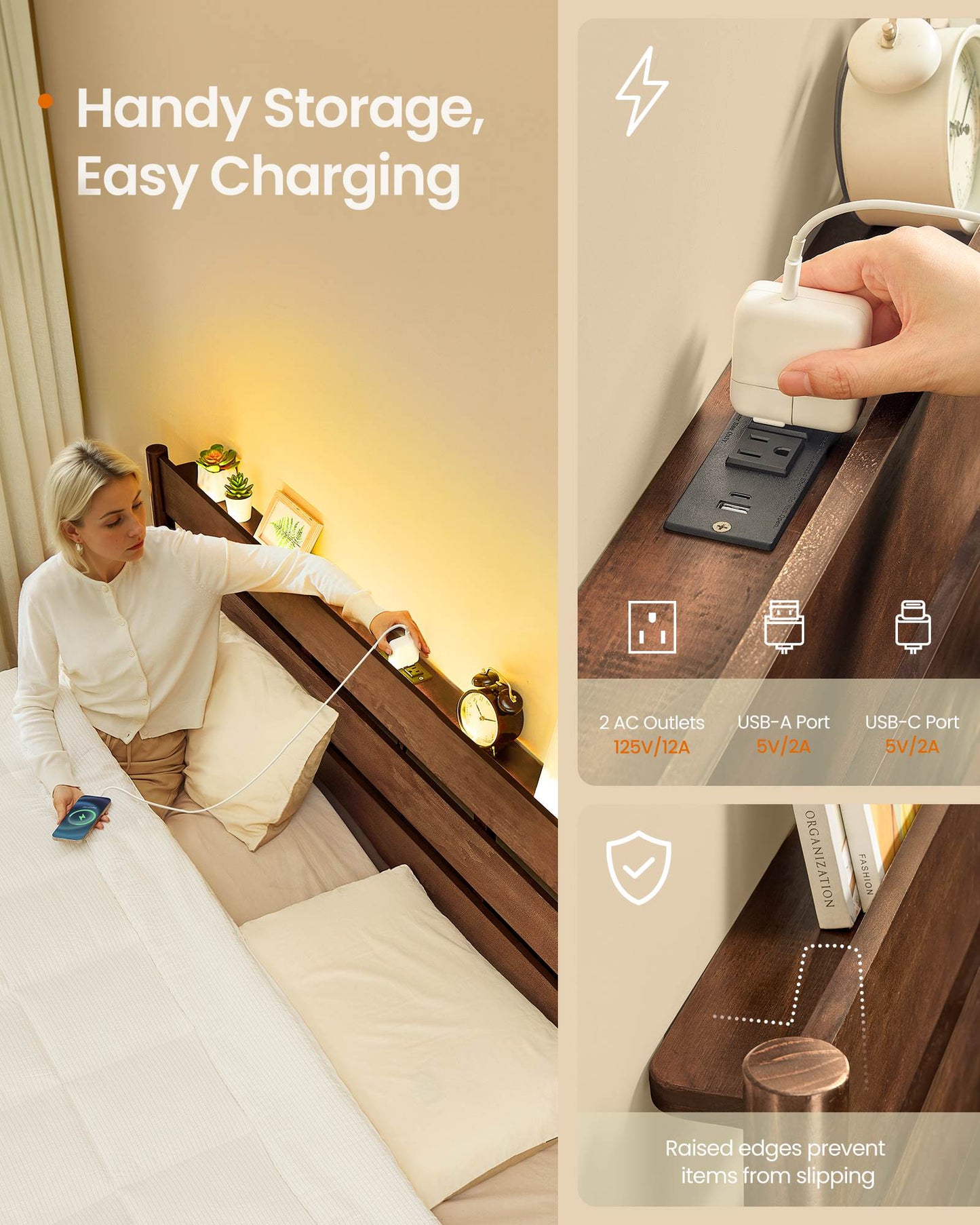 Queen Bed Frame with Headboard, LED Lights, Charging Station, Storage Shelf, Coffee Brown