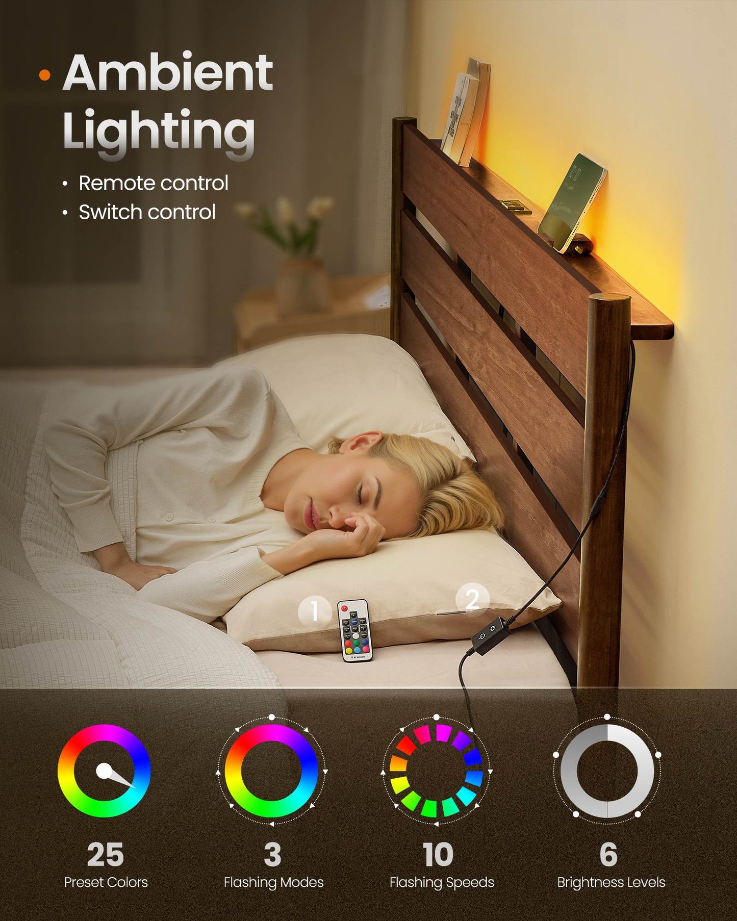 Queen Bed Frame with Headboard, LED Lights, Charging Station, Storage Shelf, Coffee Brown