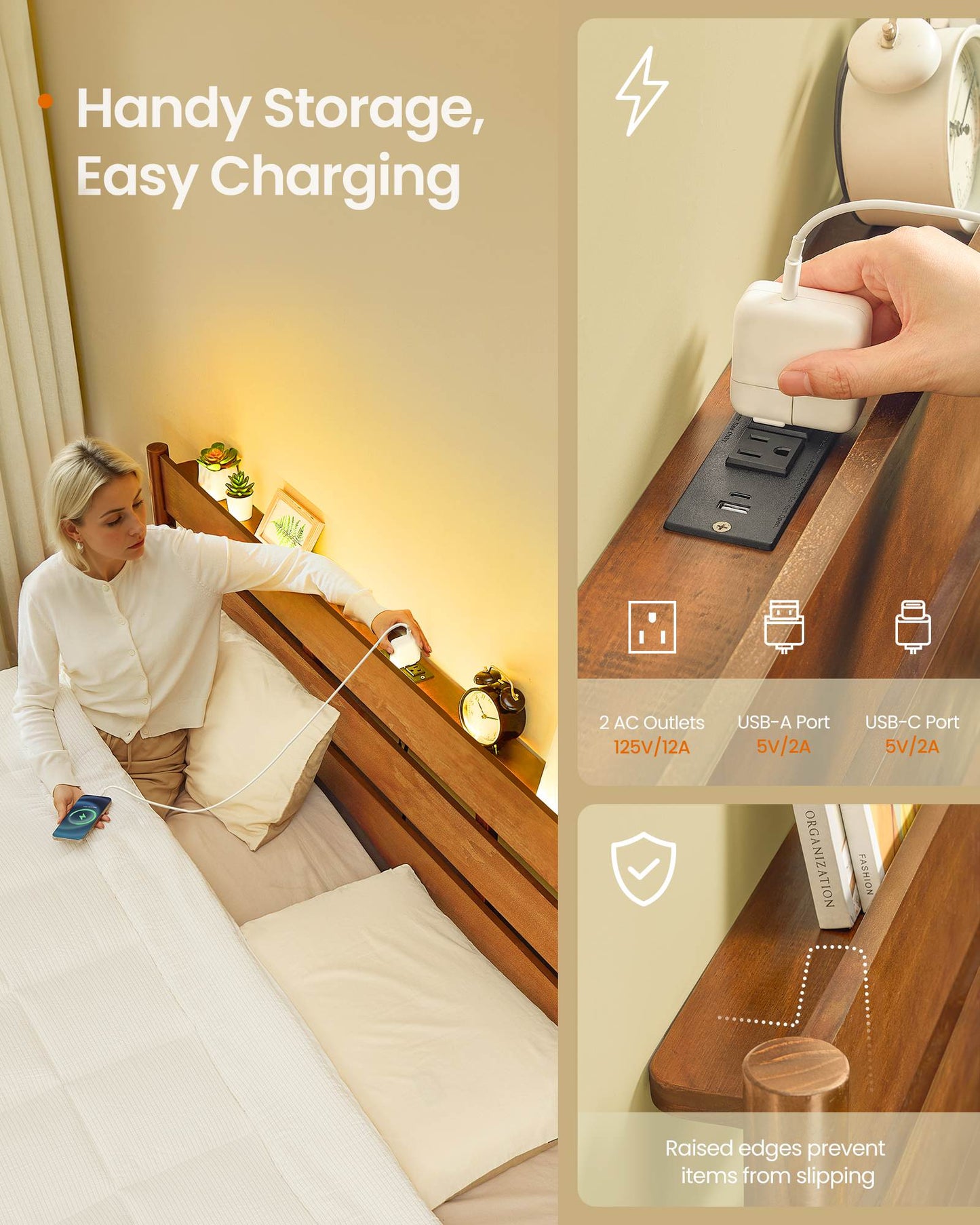 Full Bed Frame with LED Headboard, Storage Shelf, Charging Station, Caramel Brown