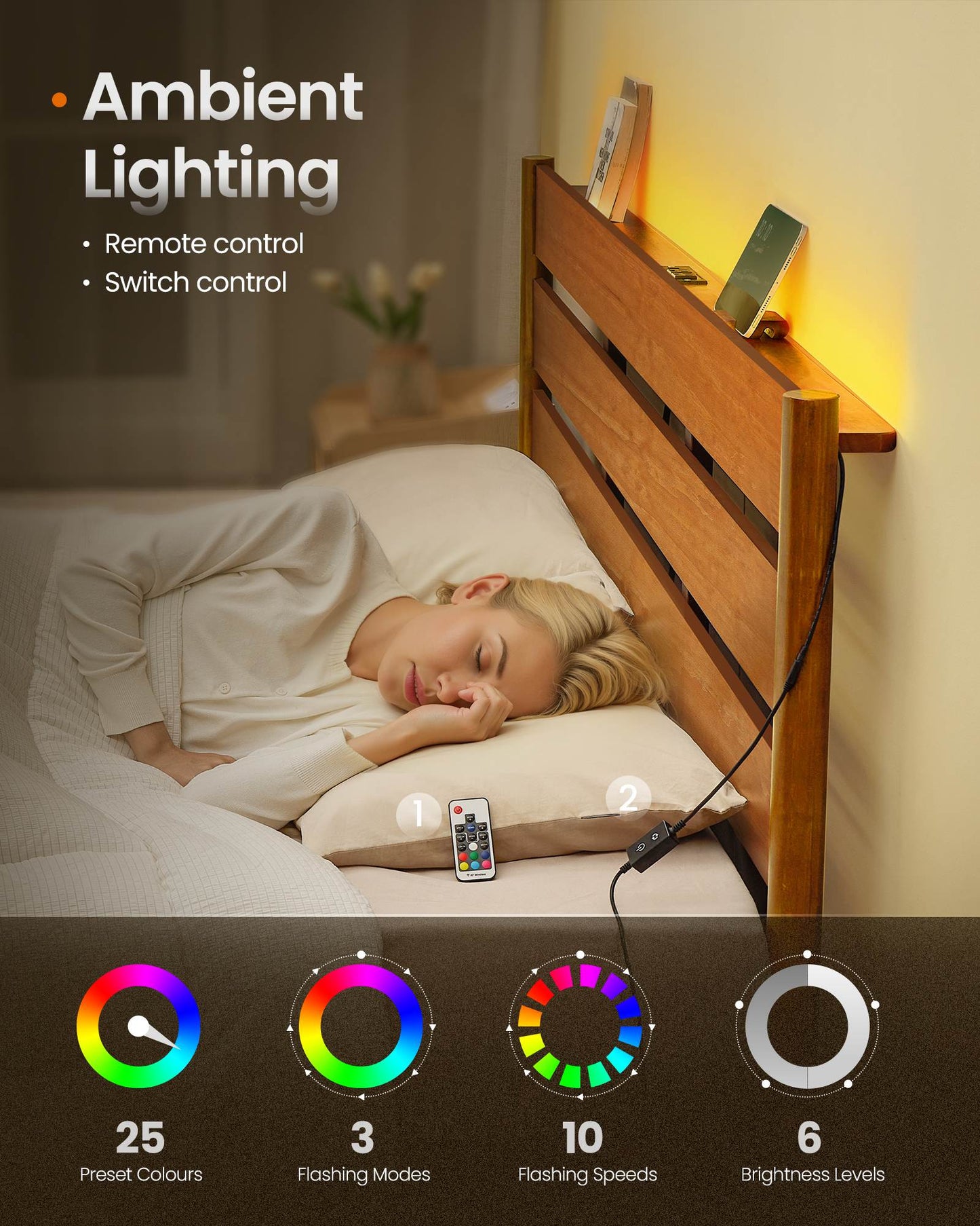 Full Bed Frame with LED Headboard, Storage Shelf, Charging Station, Caramel Brown