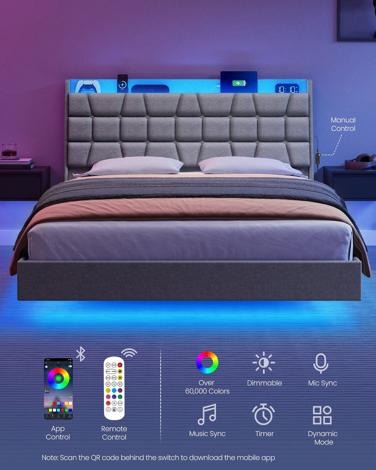 Queen Size Floating Bed Frame with LED Lights