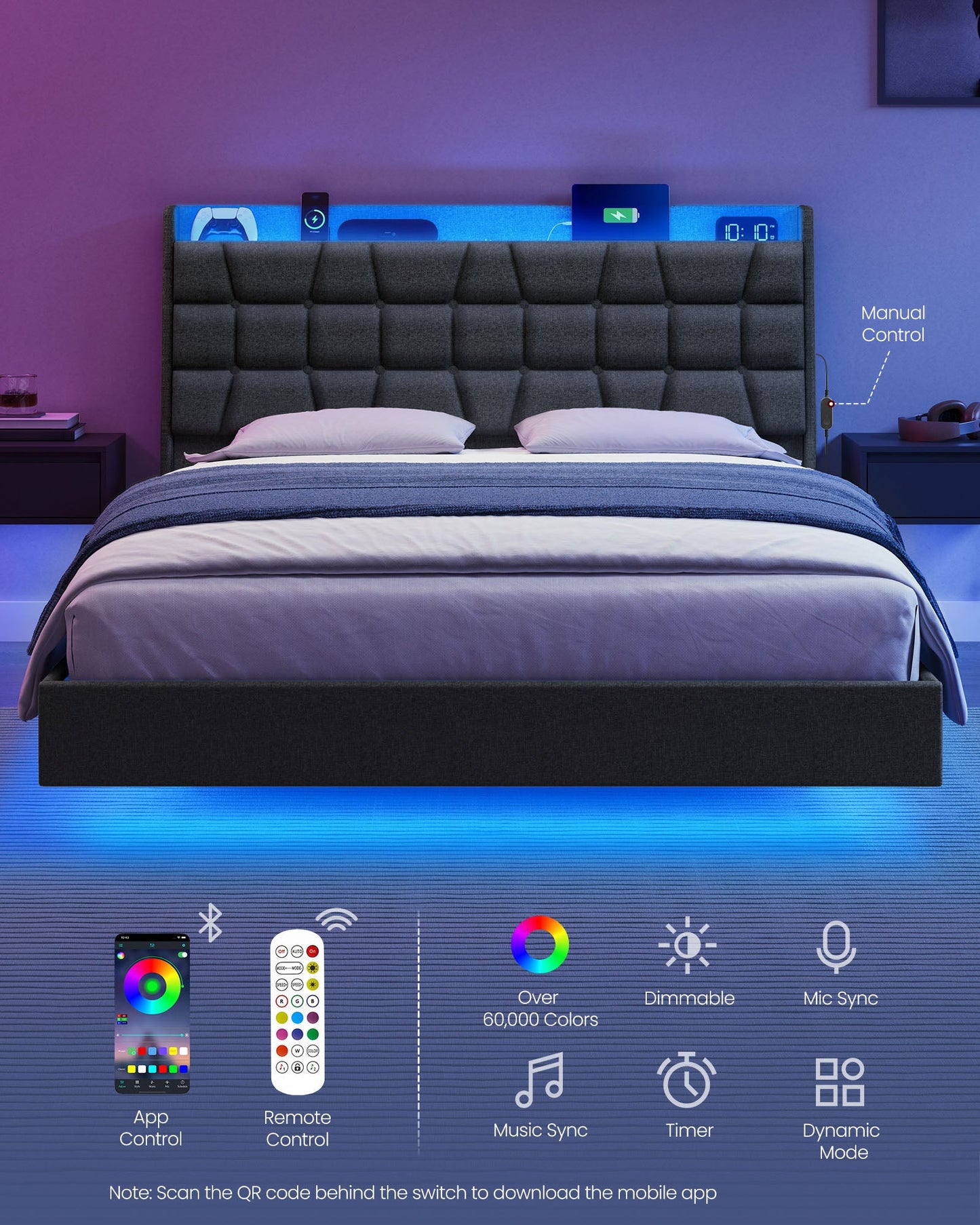 Queen Size Floating Bed Frame with LED Lights