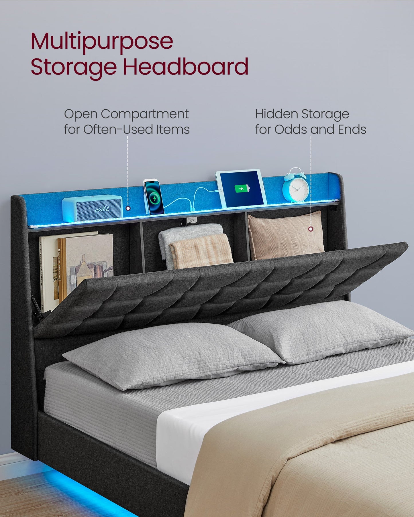 Queen Size Floating Bed Frame with LED Lights