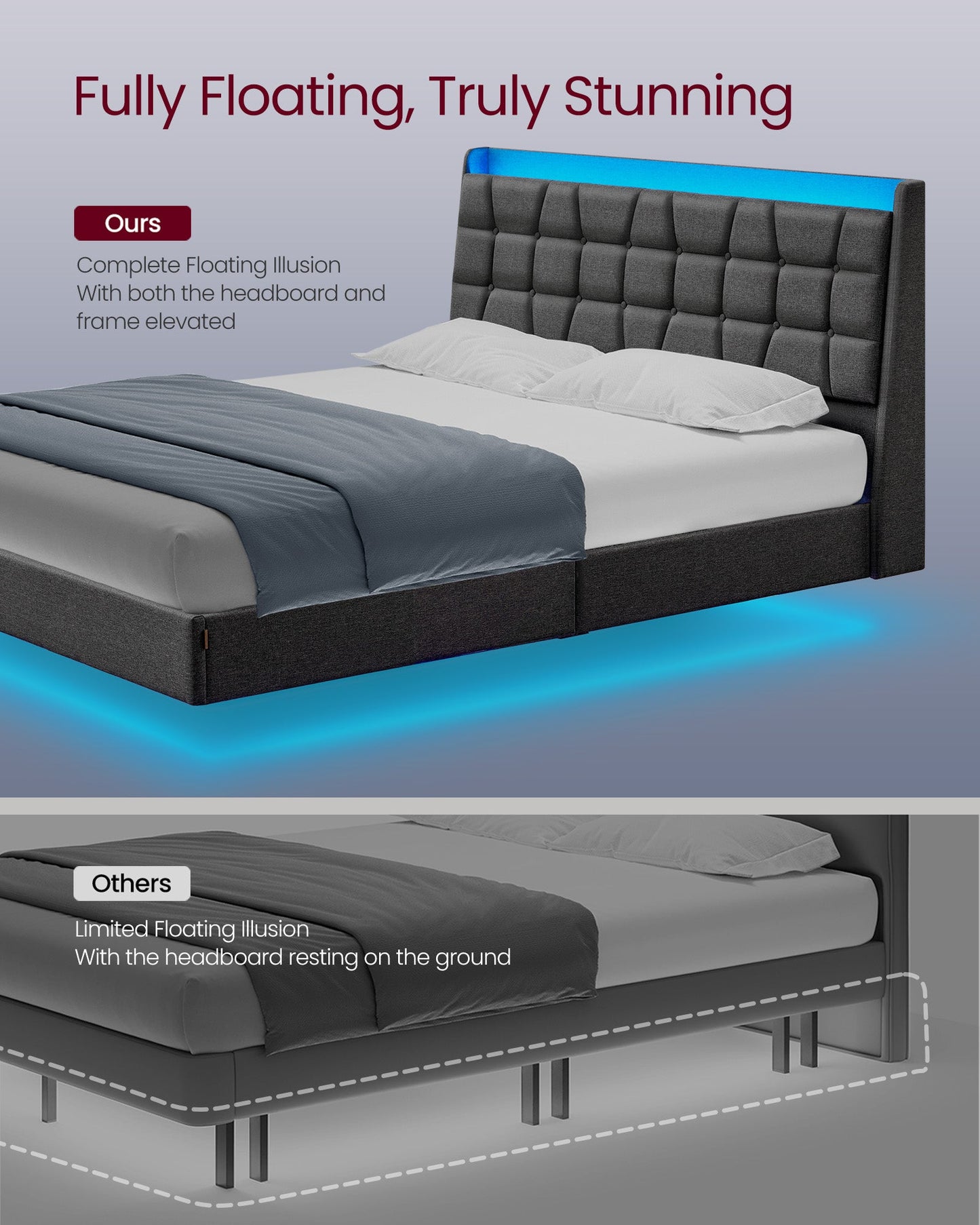 Queen Size Floating Bed Frame with LED Lights