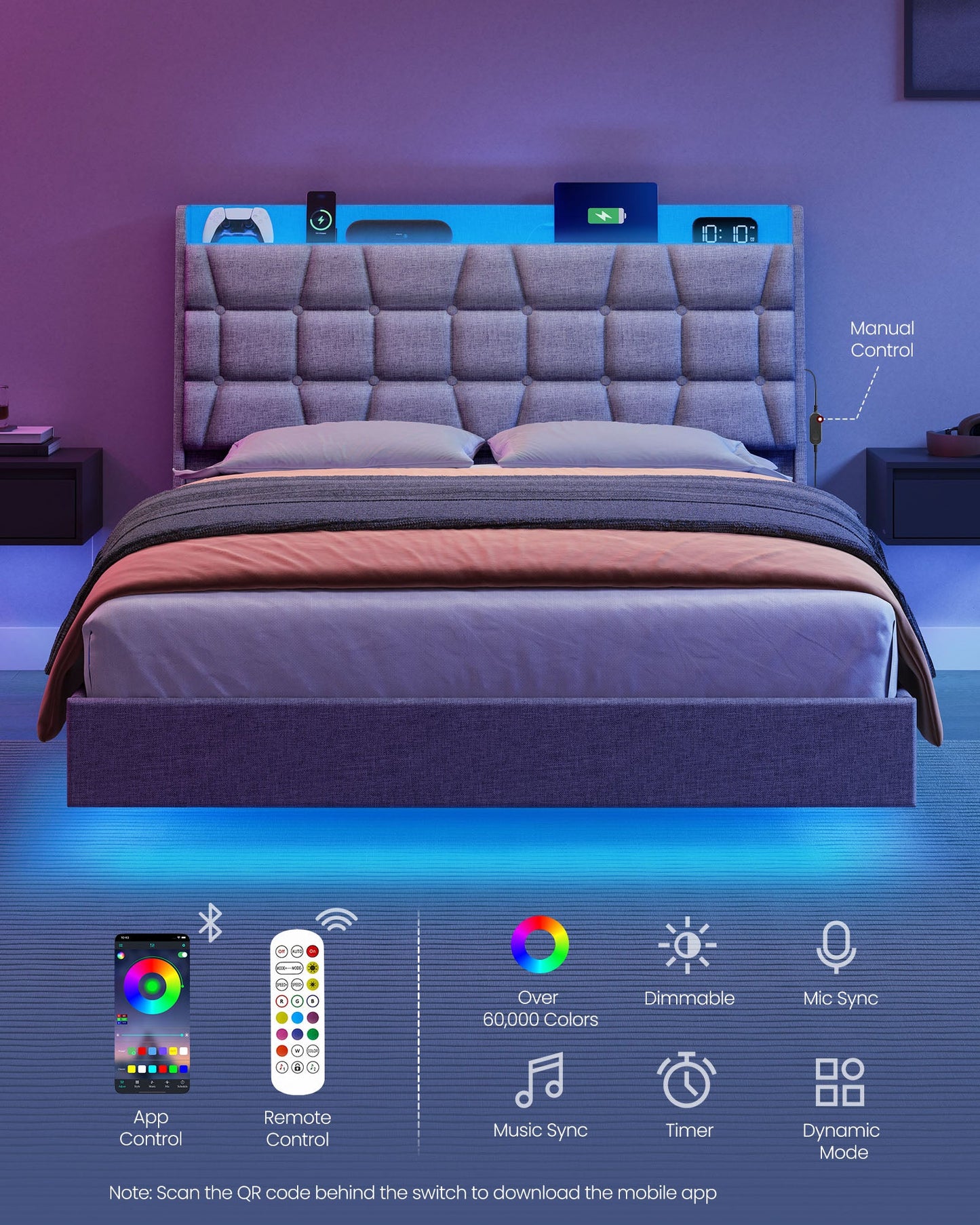 Full Size Floating Bed Frame with LED Lights