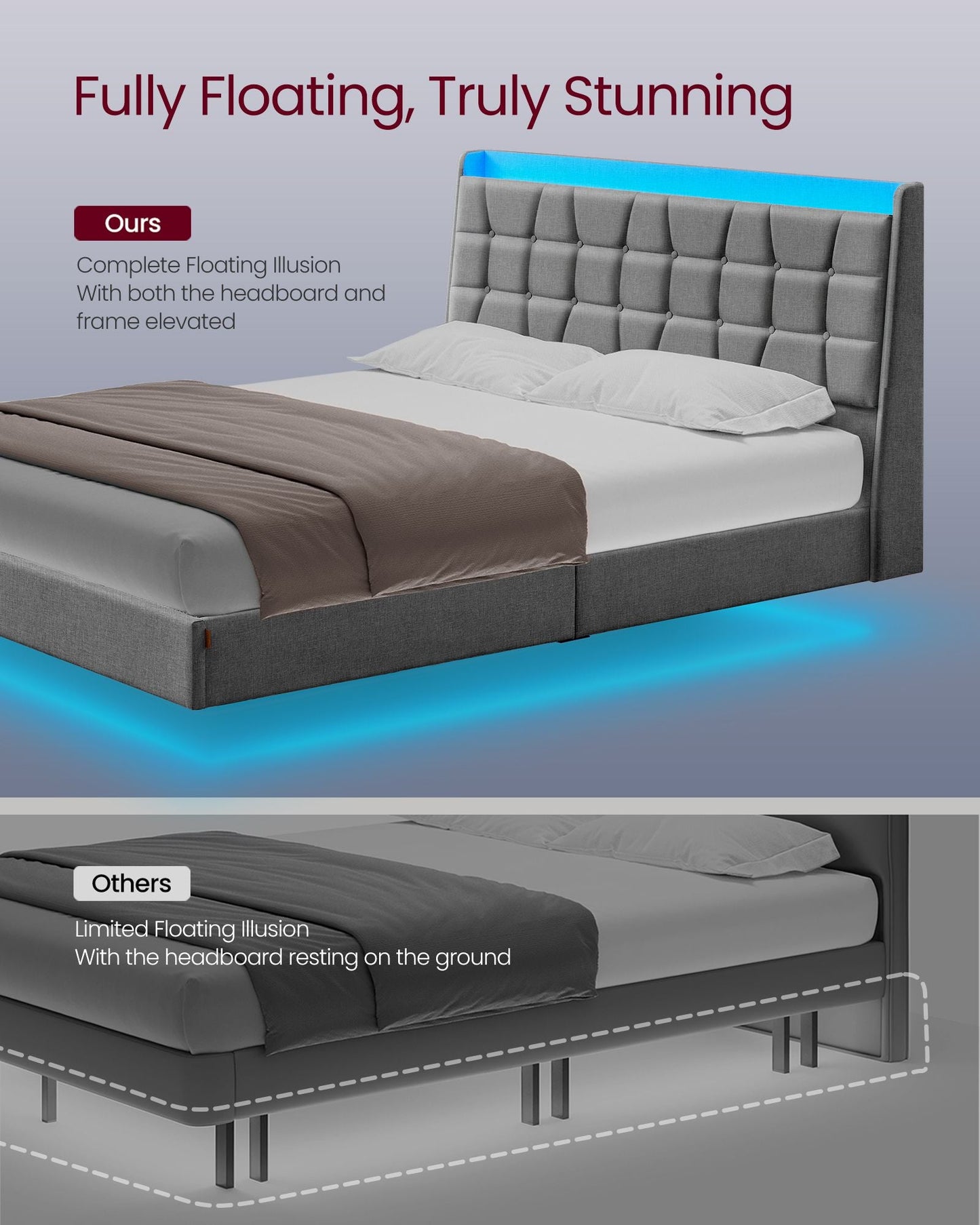 Full Size Floating Bed Frame with LED Lights