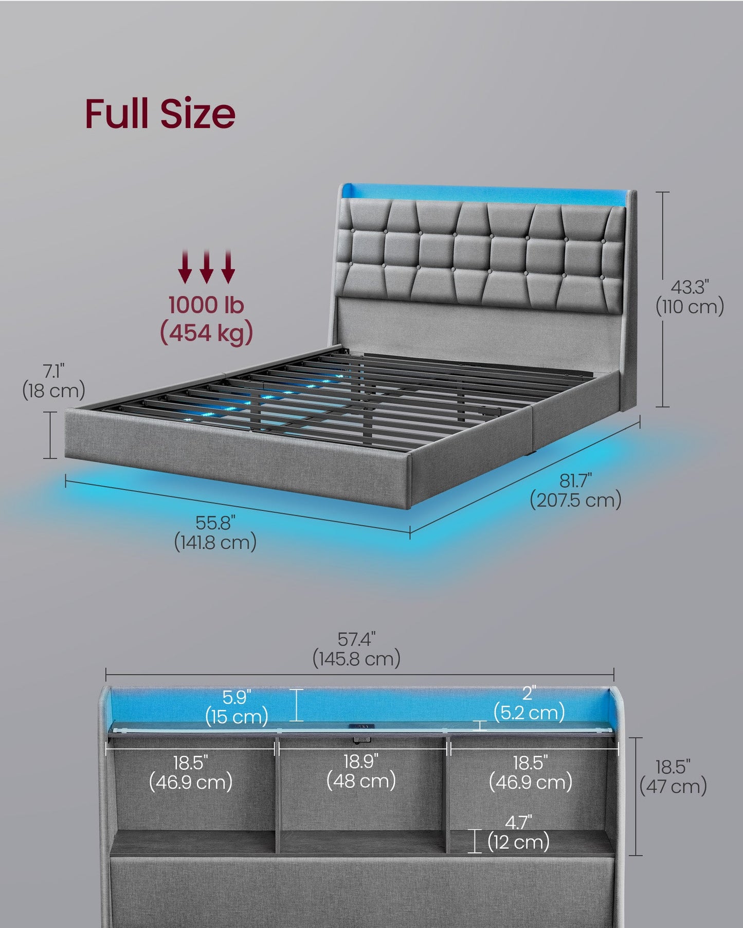 Full Size Floating Bed Frame with LED Lights