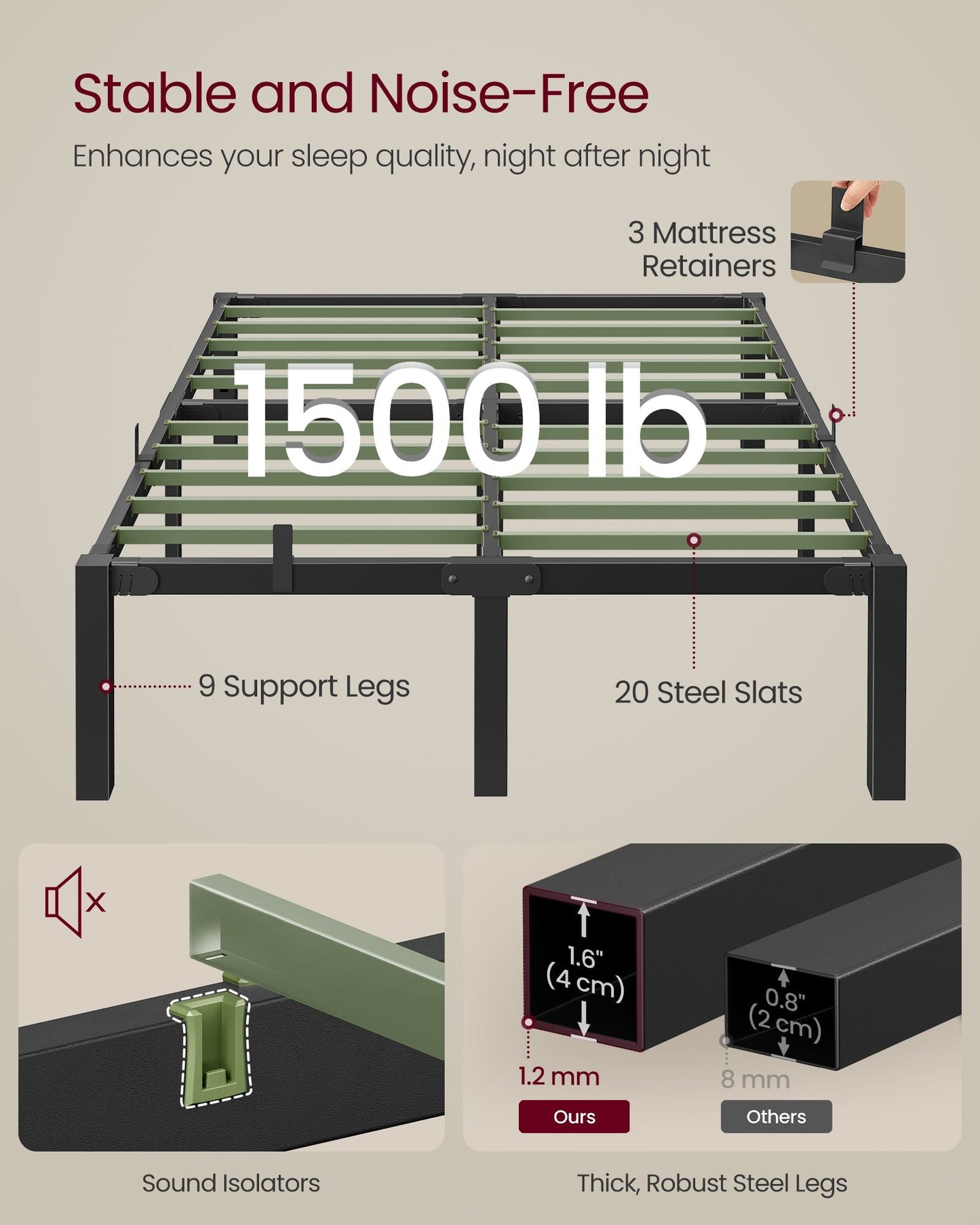 Heavy-Duty Platform Bed Frame Queen Size, Quick Assembly