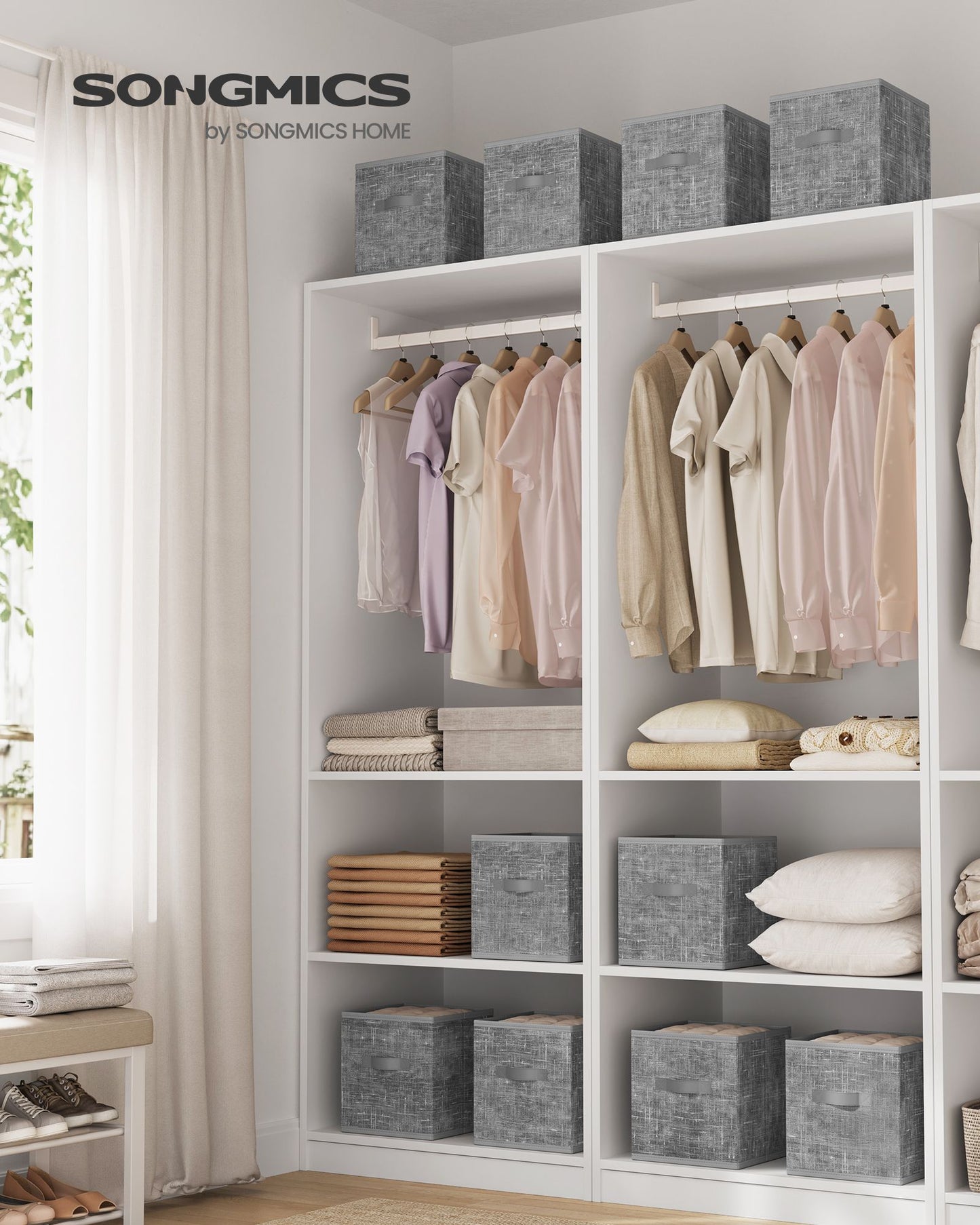 Storage Cubes, 11-Inch Non-Woven Fabric Bins with Double Handles, Set of 10, Closet Organizers for Shelves, Foldable, for Clothes, Cattail Gray