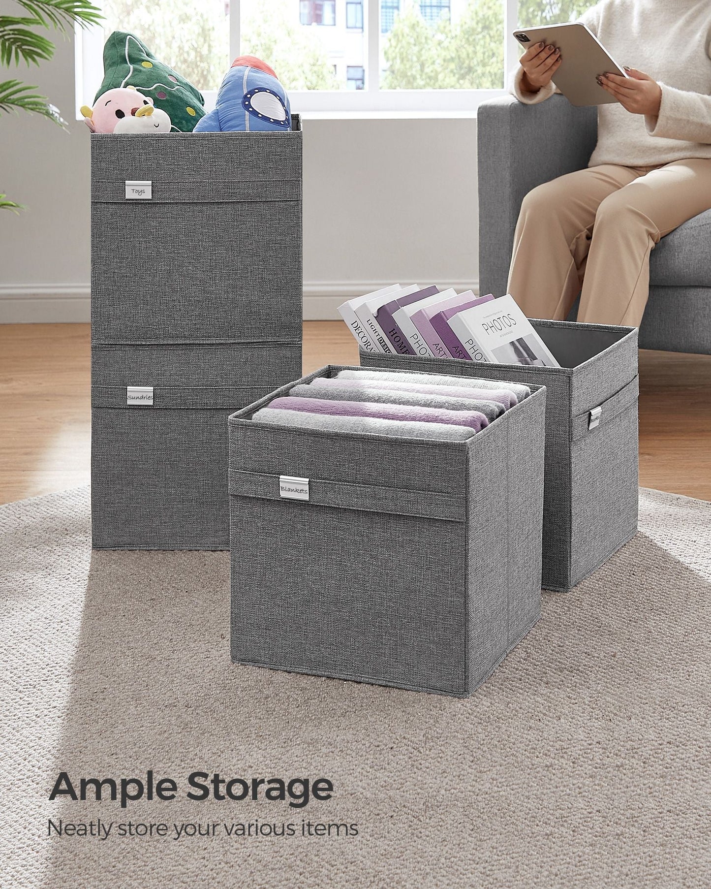 Set of 4 Storage Cubes with Double Handles Dove Gray L