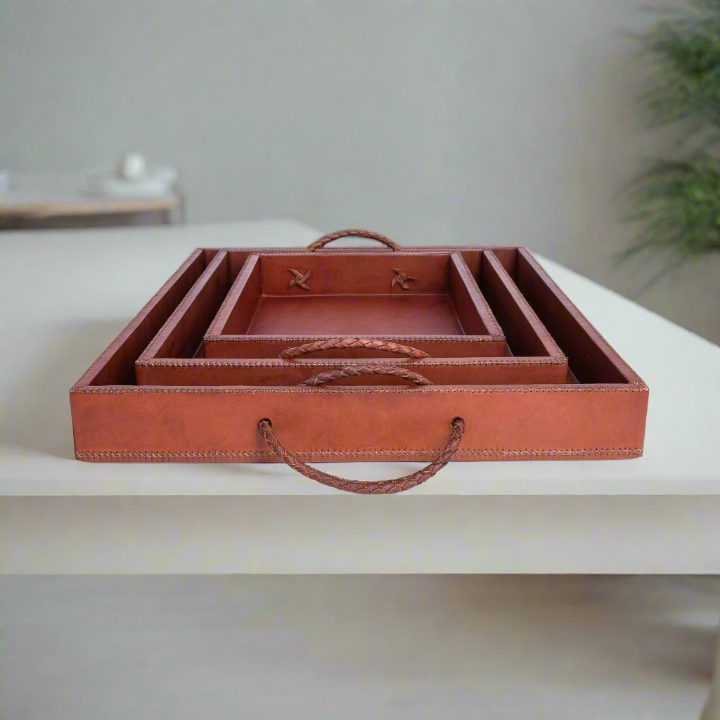 Rosado | Cedar Wood + Leather Ottoman Tray Set with Embroidered Handles