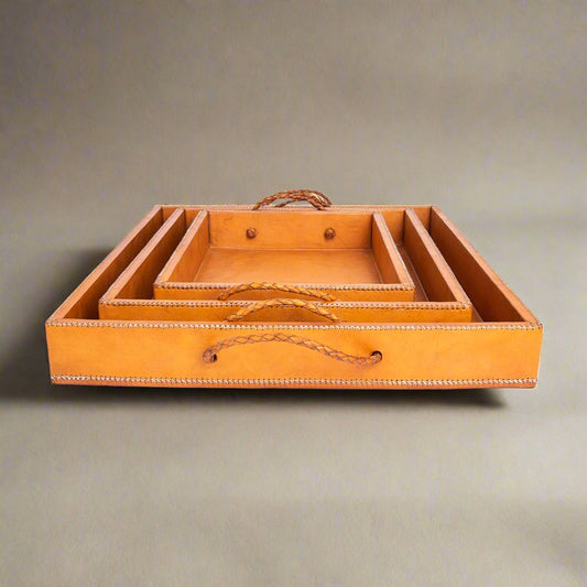 Rosado | Cedar Wood + Leather Ottoman Tray Set with Embroidered Handles