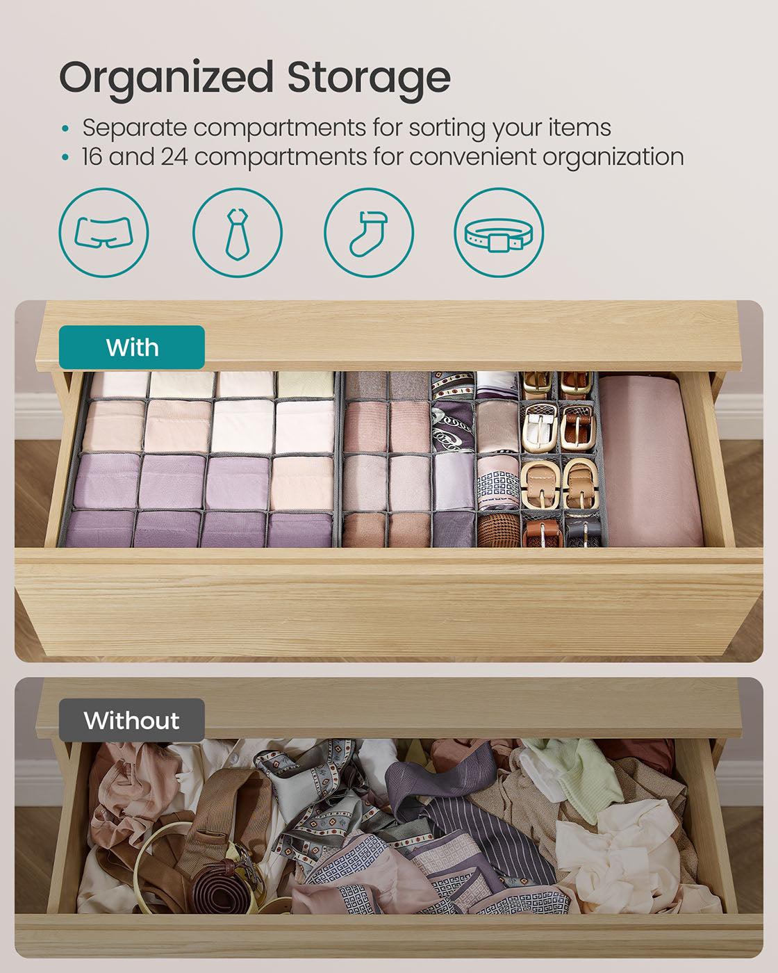 Set of 4 Closet Organizers for Underwear, 80 Cells