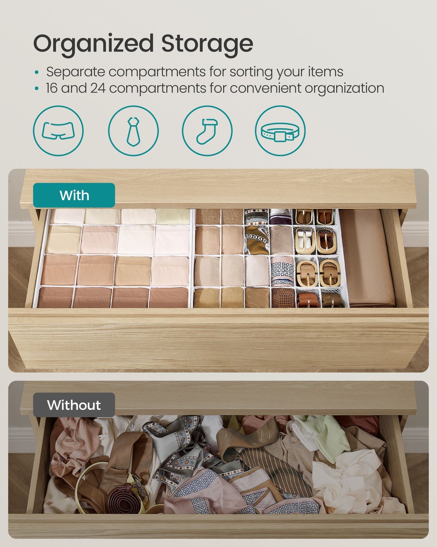 Set of 4 Closet Organizers for Underwear, 80 Cells