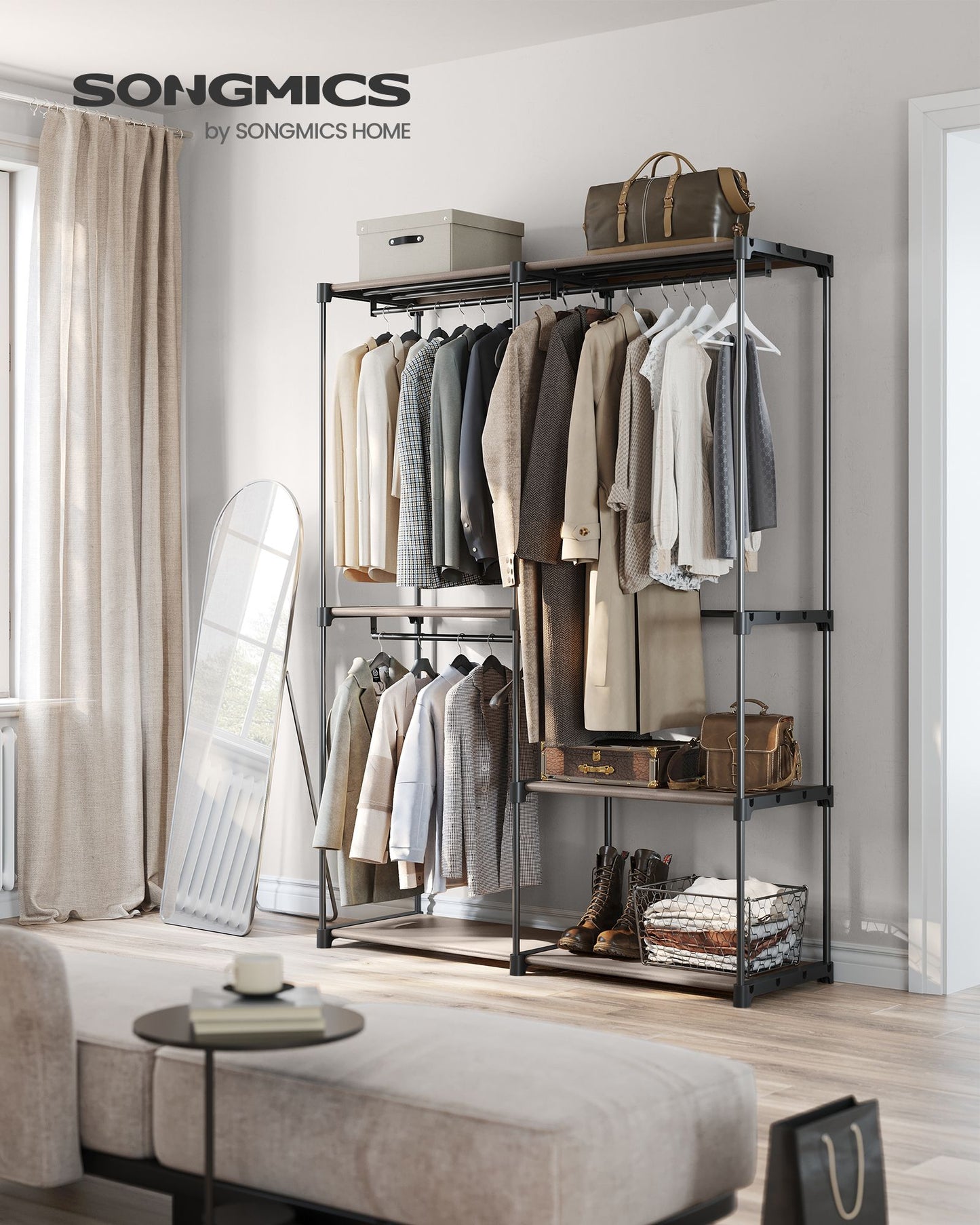 Freestanding Portable Closet with Shelves, Hanging Rods