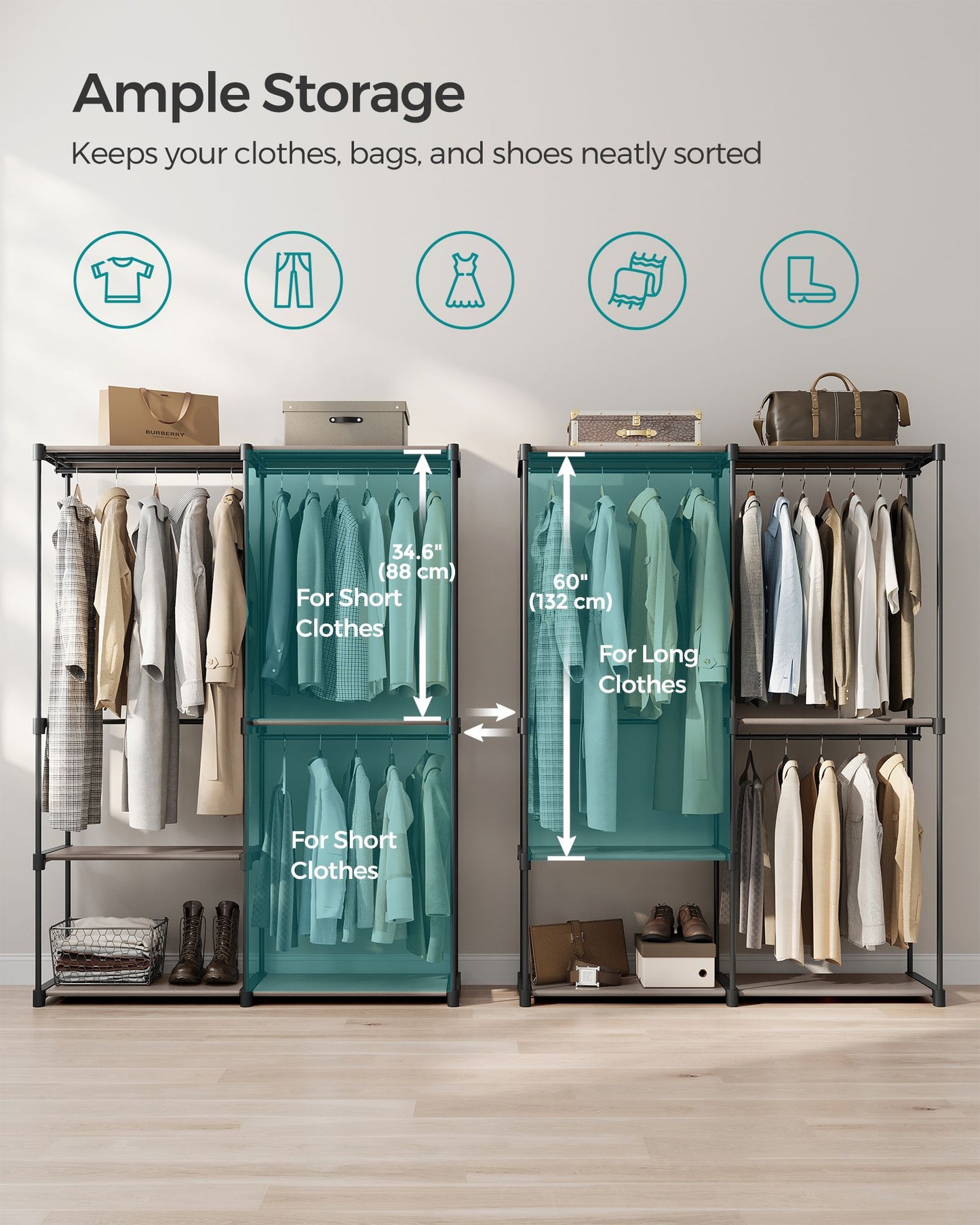 Freestanding Portable Closet with Shelves, Hanging Rods