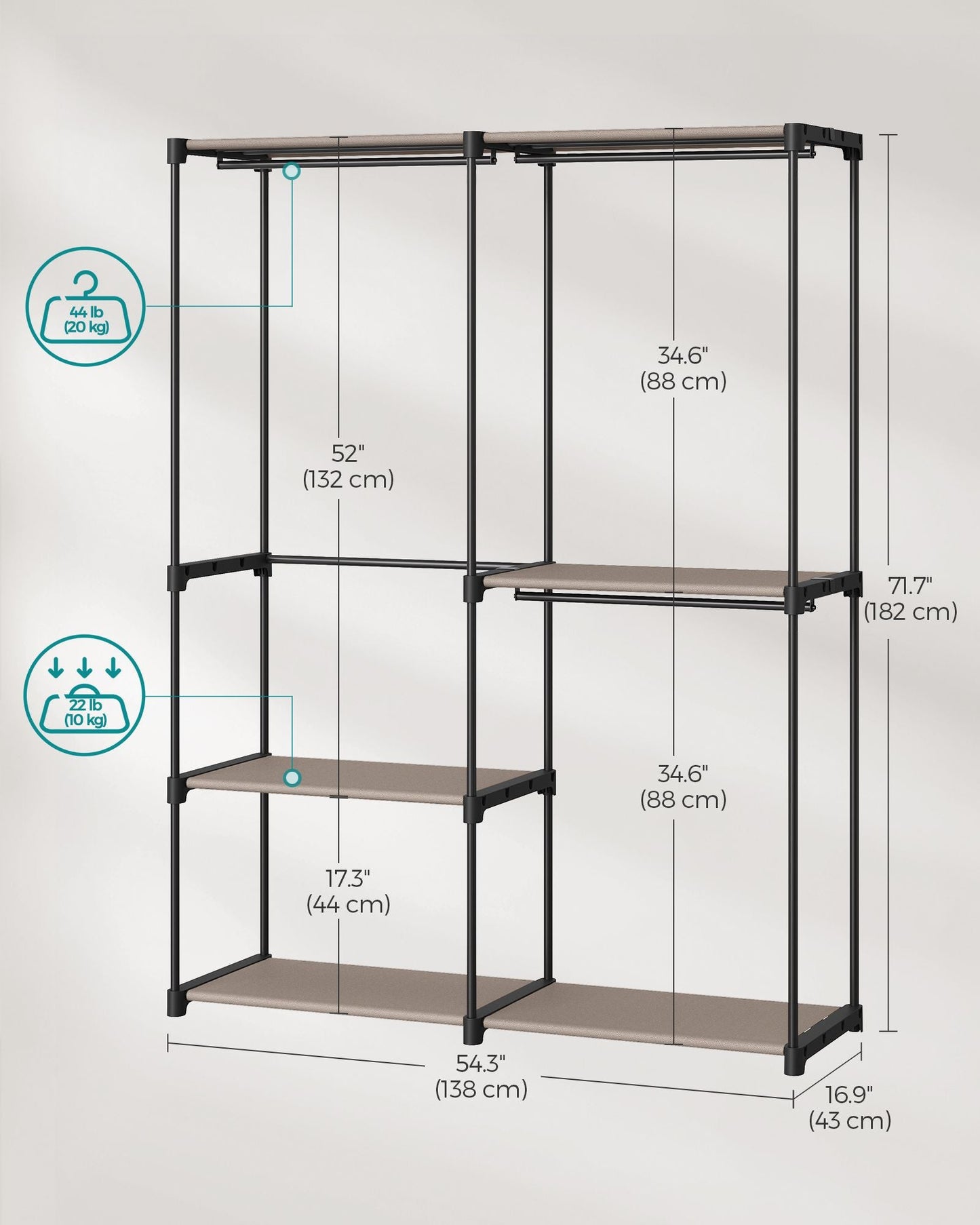 Freestanding Portable Closet with Shelves, Hanging Rods