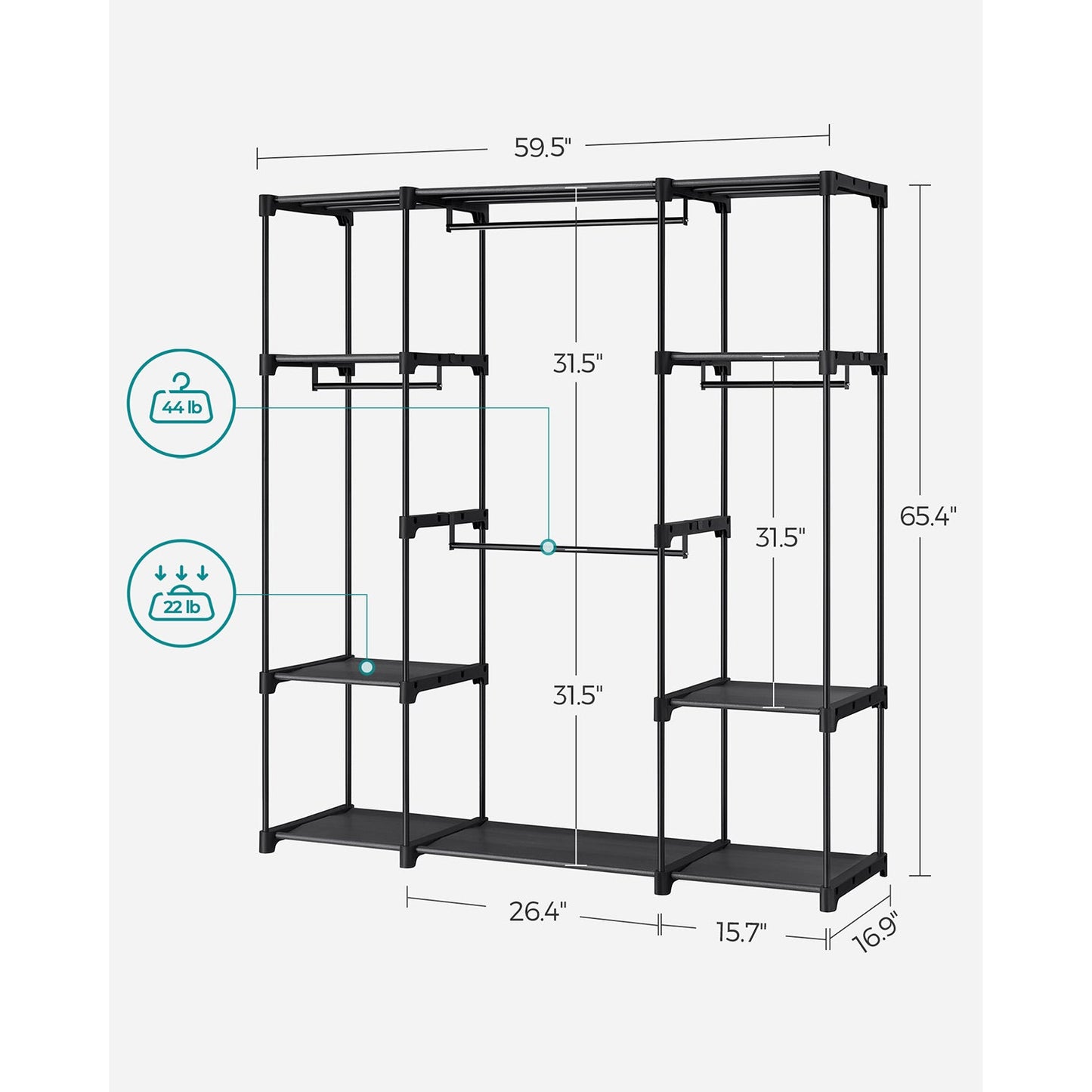 Freestanding Clothes Rack with Shelves, Hanging Rods