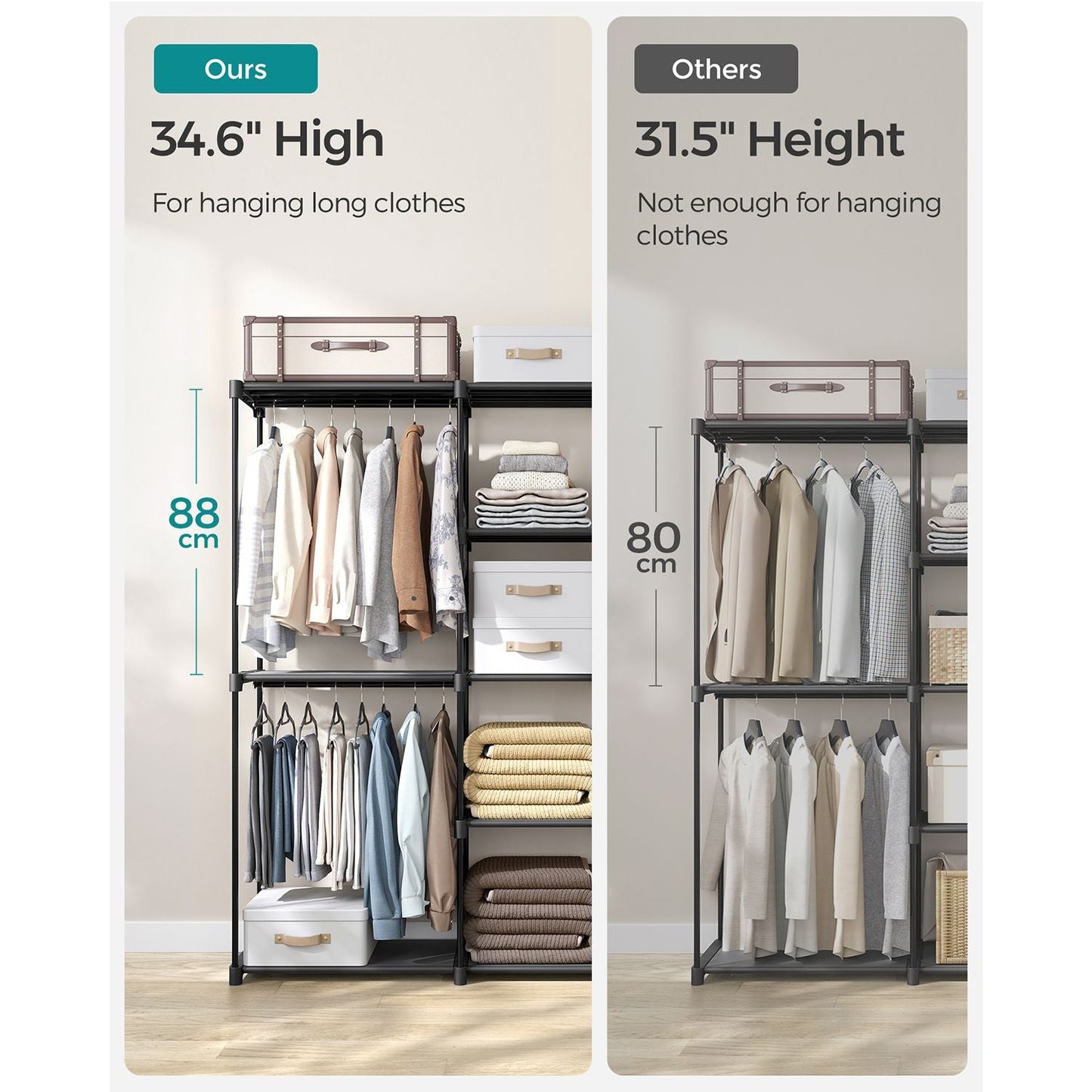 Freestanding Closet Organizer with Shelves, Hanging Rods