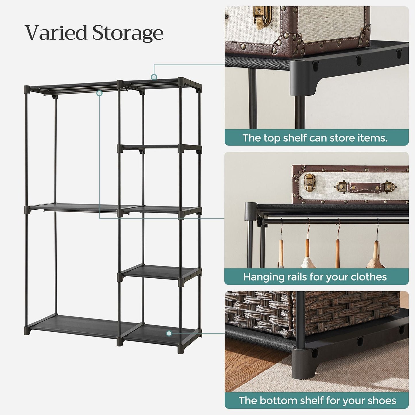 Freestanding Closet Organizer with Shelves, Hanging Rods